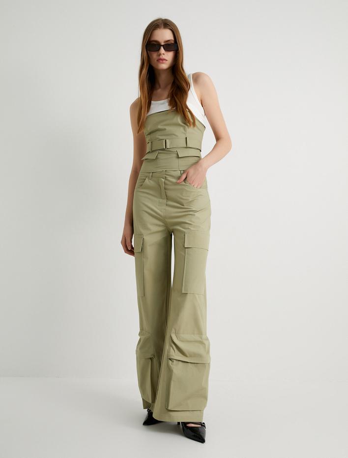  Straplez Üst Kemer Detaylı Kapaklı Cep Detaylı Slim Fit