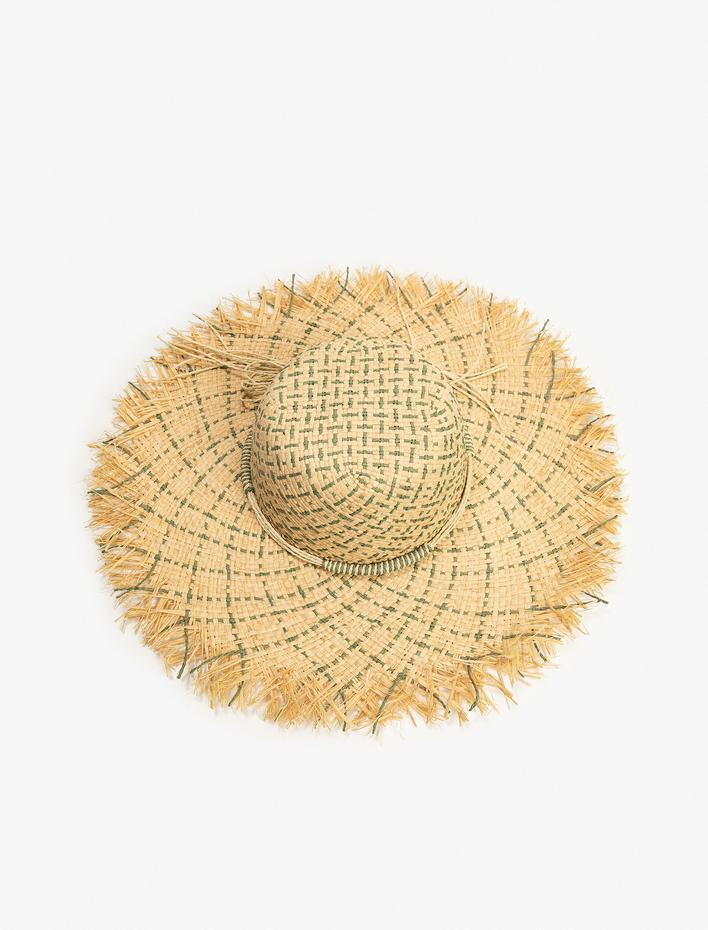 Kadın Desenli Hasır Şapka Püsküllü