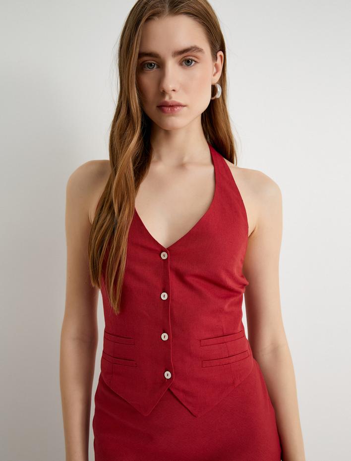  Boyundan Bağlamalı Keten Yelek Düğmeli Fiyonk Detaylı