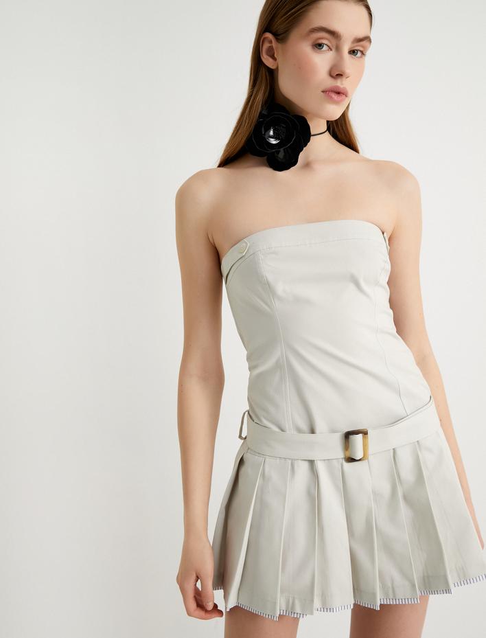  Mini Pileli Straplez Elbise Kemer Detaylı Slim Fit