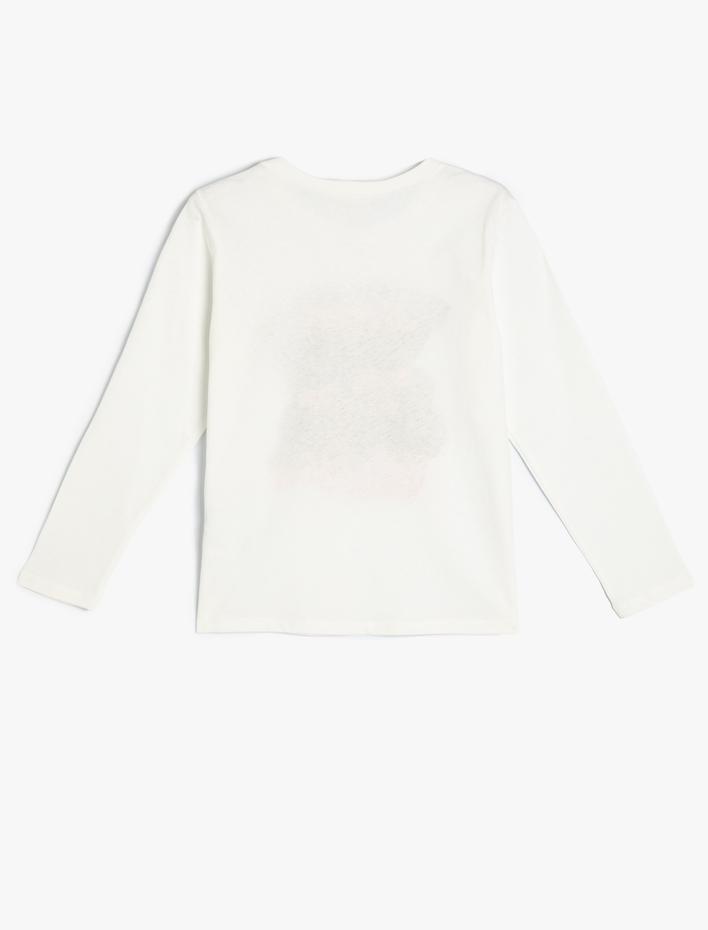 Kız Çocuk Tişört Uzun Kollu Kedi Baskılı Bisiklet Yaka Pamuklu