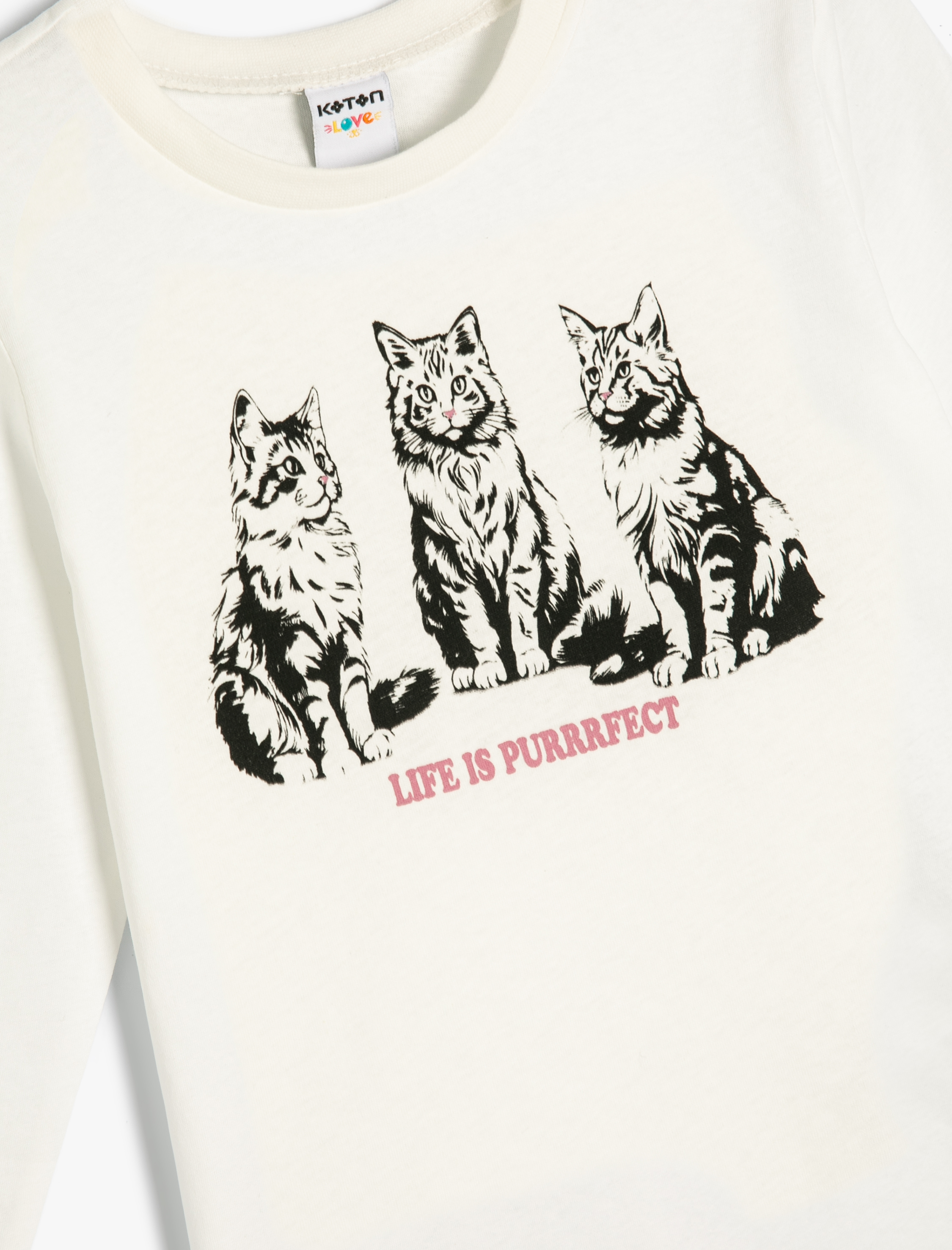  Kız Çocuk Tişört Uzun Kollu Kedi Baskılı Bisiklet Yaka Pamuklu