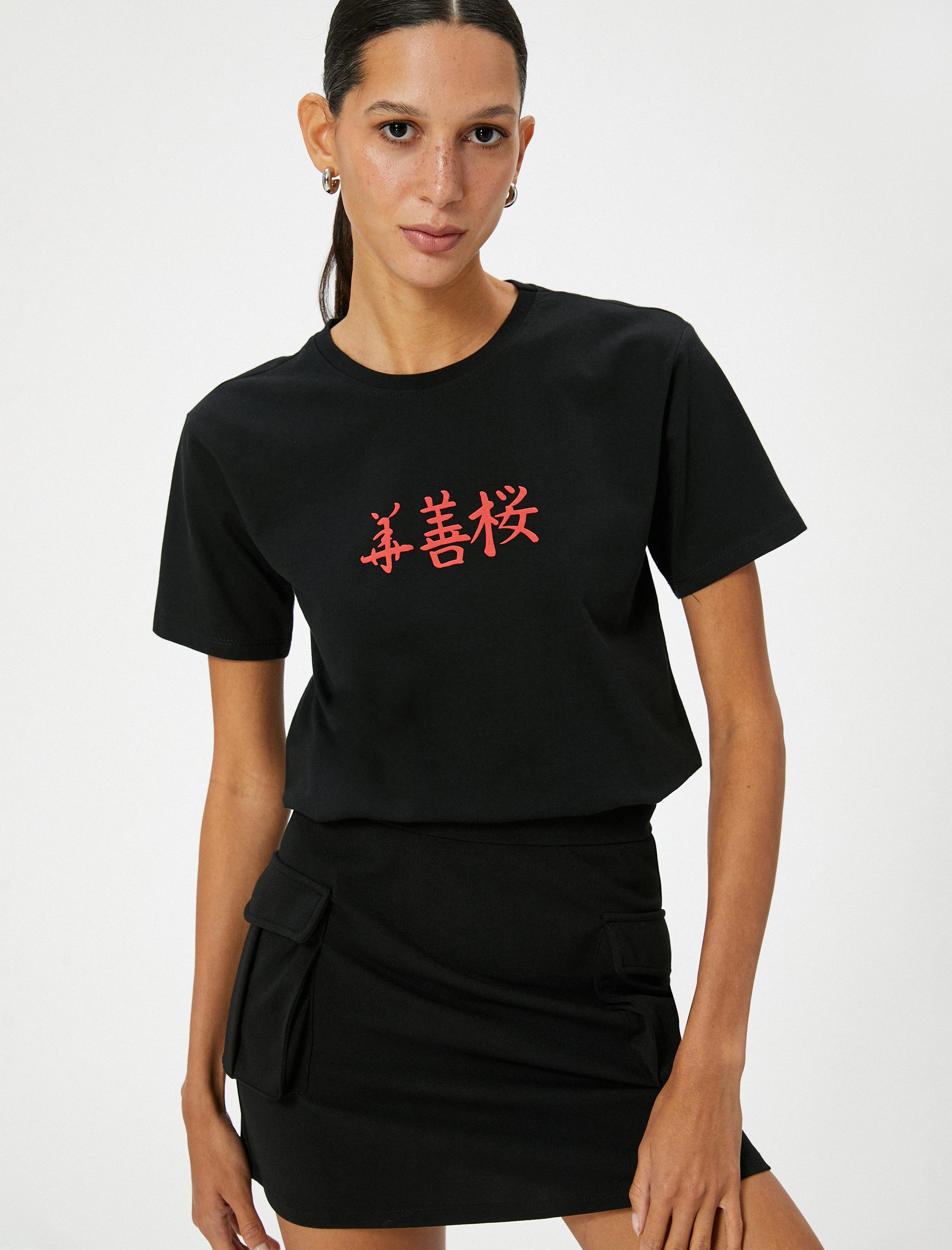   Uzak Doğu Baskılı Tişört Bisiklet Yaka Kısa Kollu Pamuklu Standart Kesim