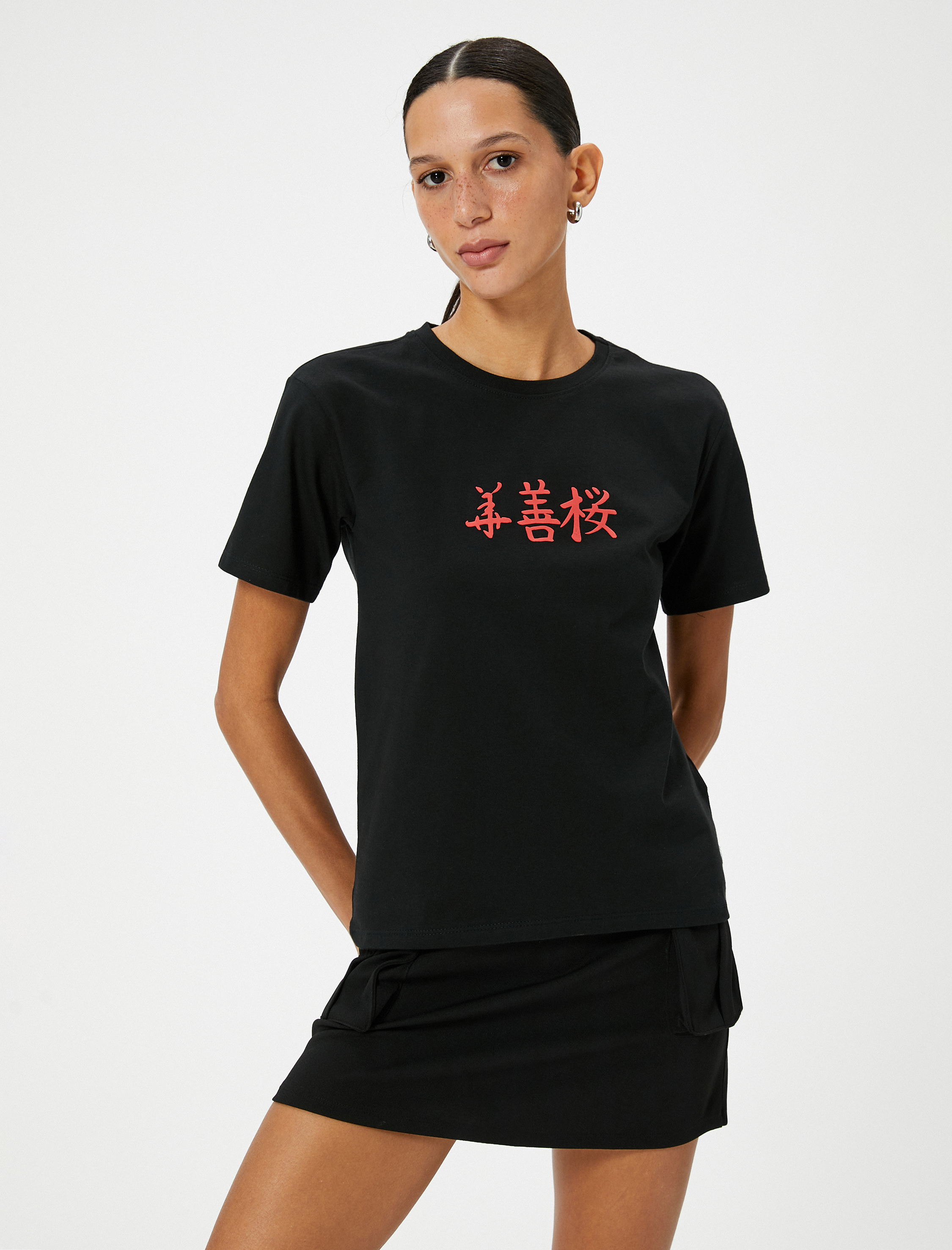   Uzak Doğu Baskılı Tişört Bisiklet Yaka Kısa Kollu Pamuklu Standart Kesim