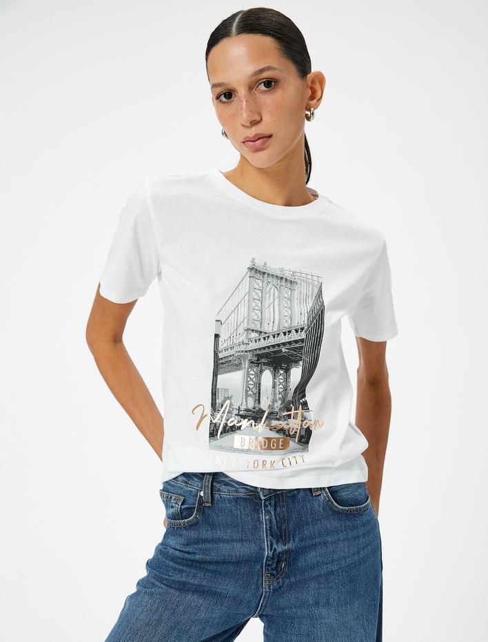  Slogan Baskılı Tişört Kısa Kollu Bisiklet Yaka Pamuklu Standart Kesim