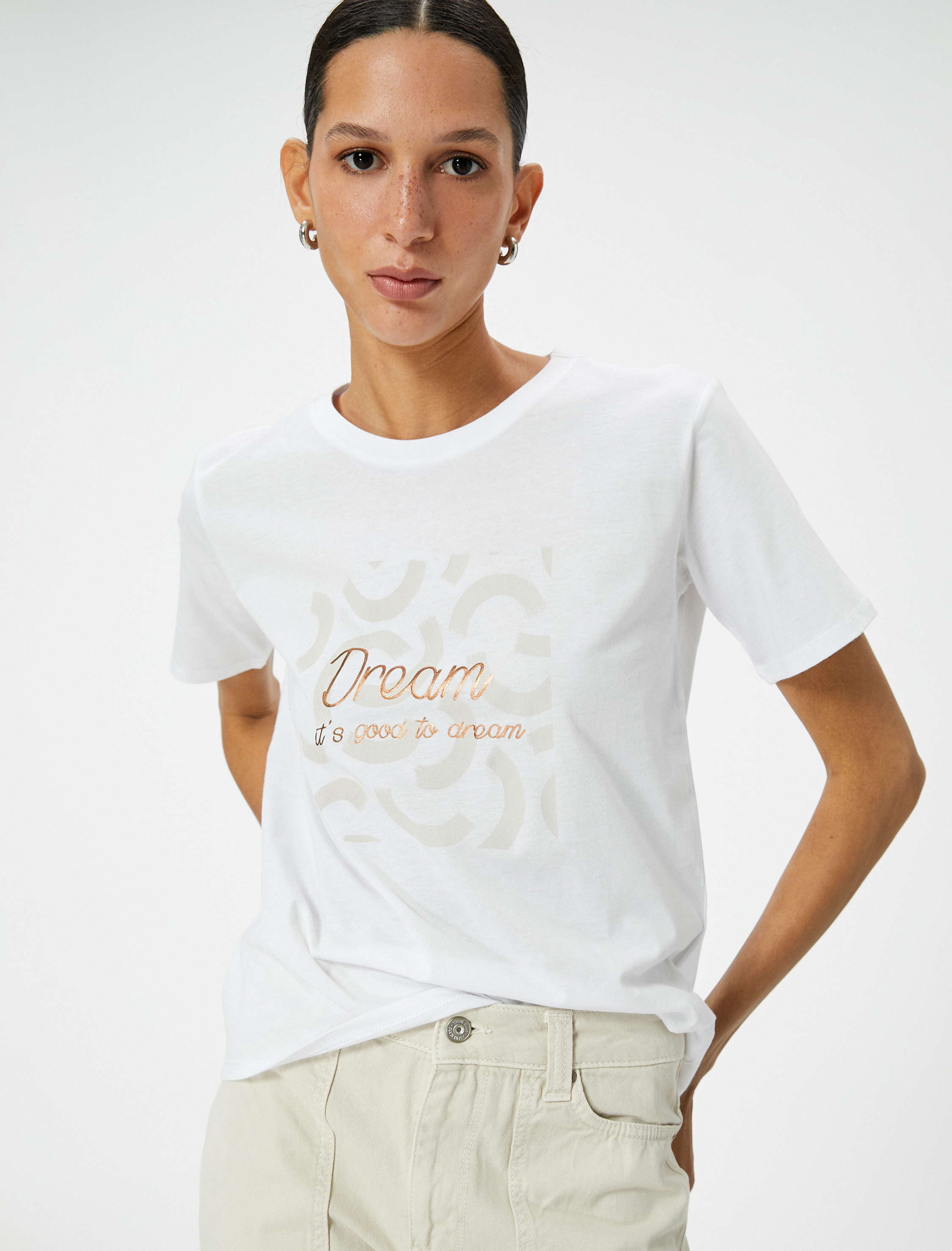   Slogan Baskılı Tişört Kısa Kollu Bisiklet Yaka Pamuklu Standart Kesim