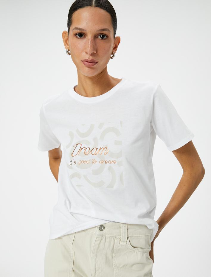  Slogan Baskılı Tişört Kısa Kollu Bisiklet Yaka Pamuklu Standart Kesim