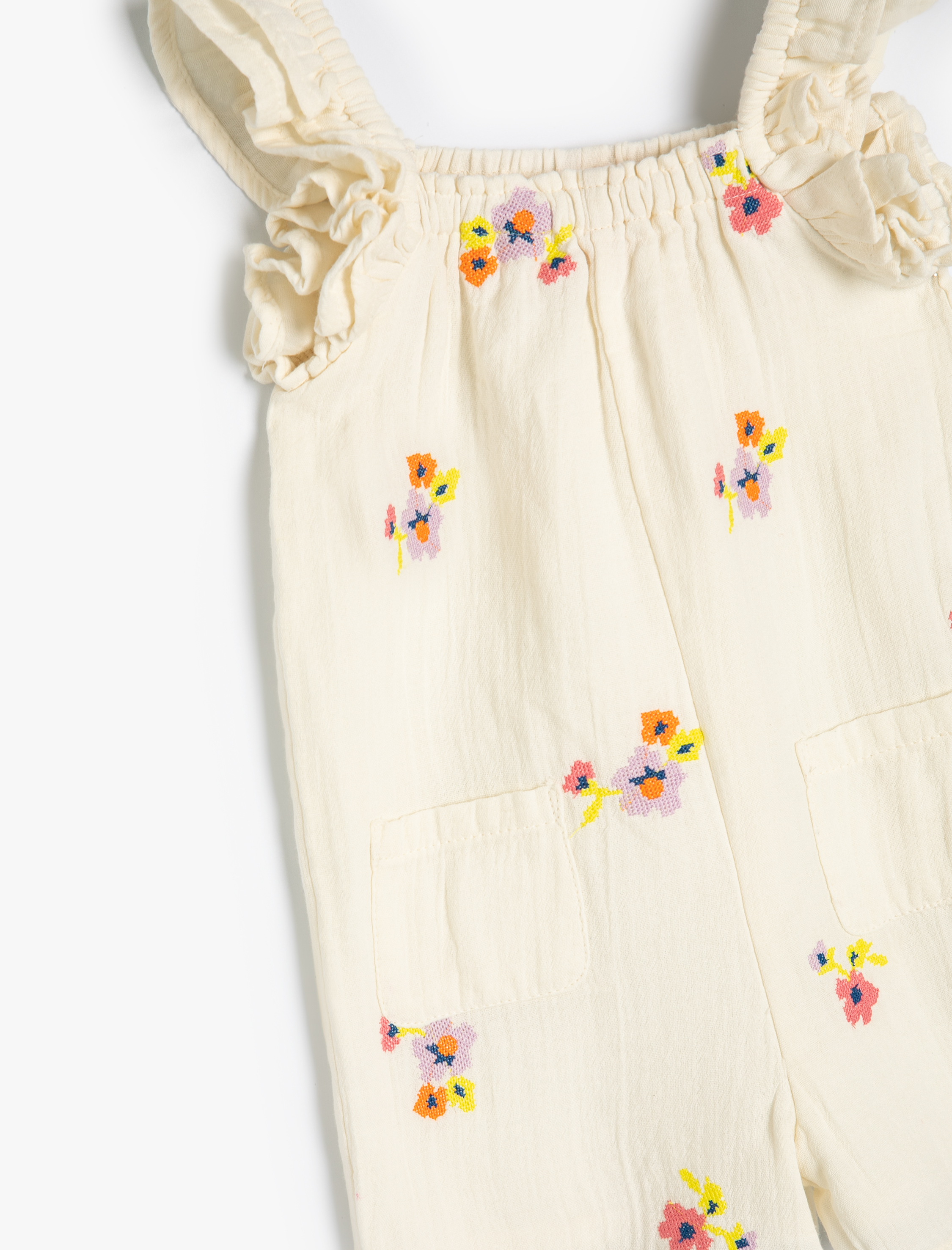  Kız Bebek Çiçekli Tulum Kısa Paça Askılı Pamuklu