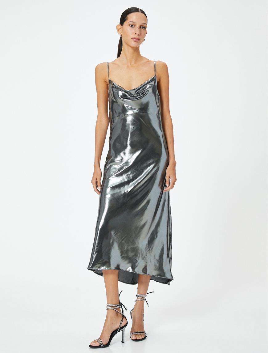   Parlak Metalik Midi Abiye Elbise İnce Askılı Degaje Yaka