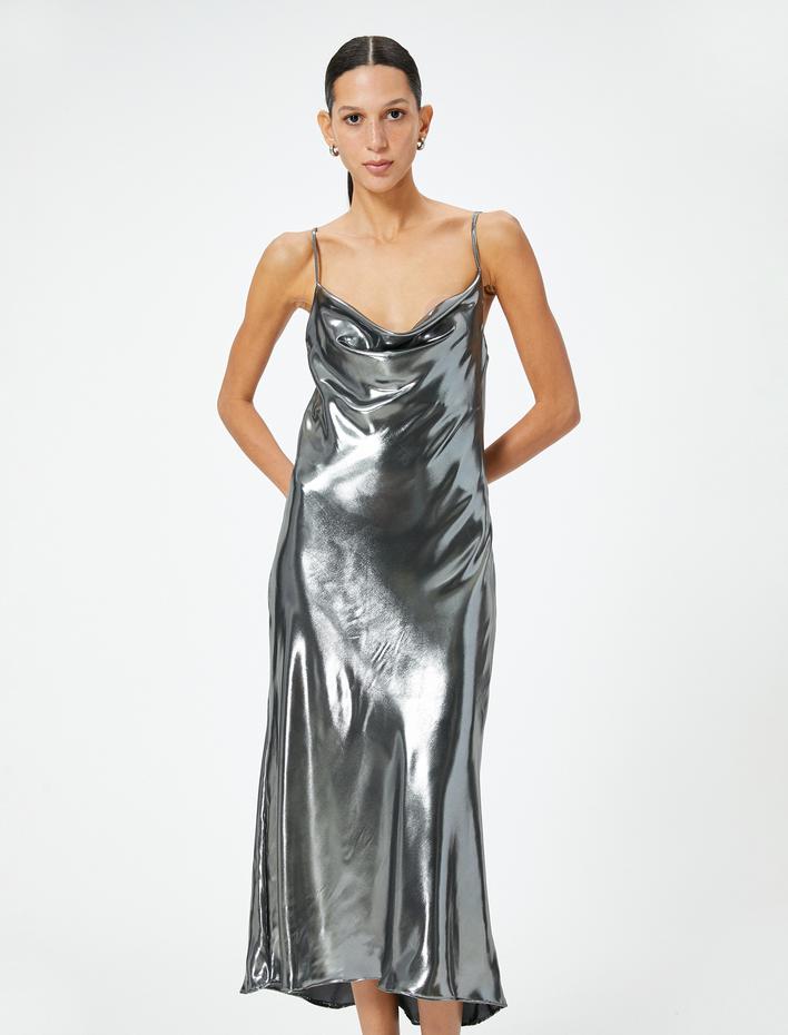  Parlak Metalik Midi Abiye Elbise İnce Askılı Degaje Yaka