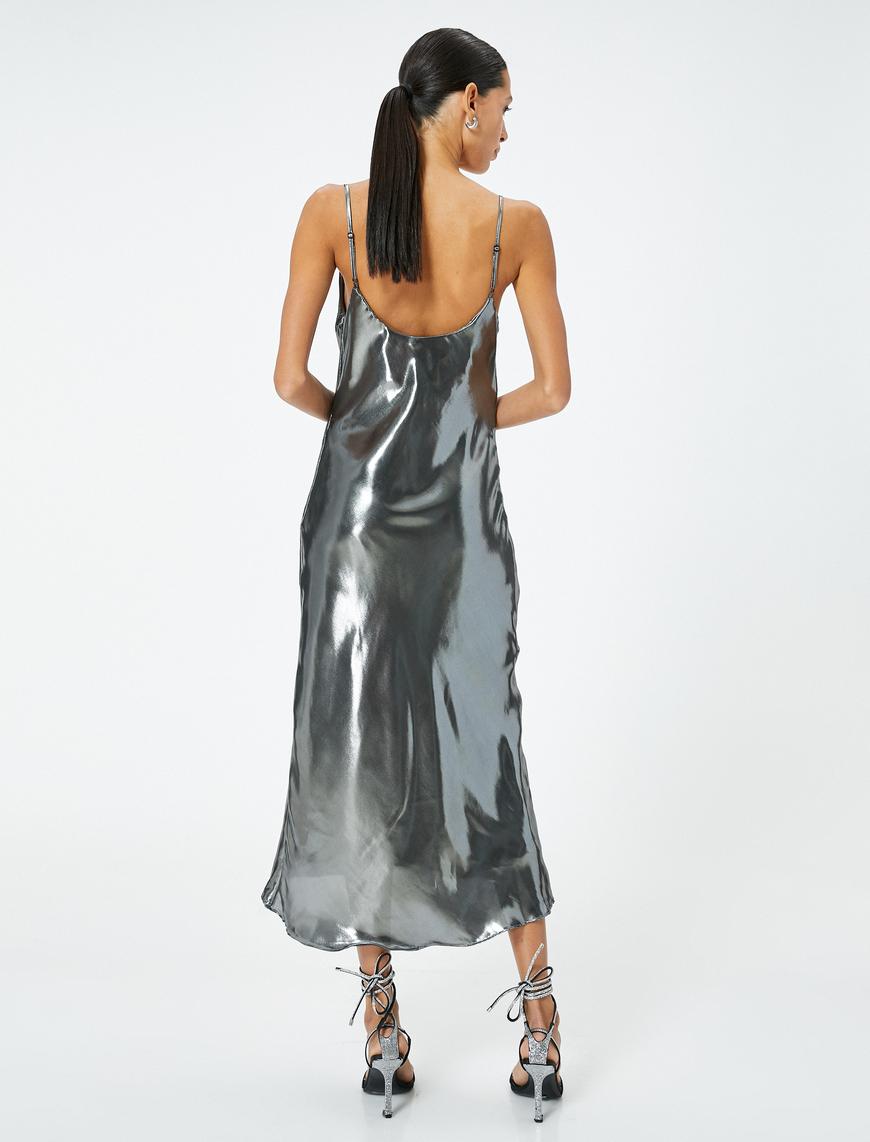   Parlak Metalik Midi Abiye Elbise İnce Askılı Degaje Yaka