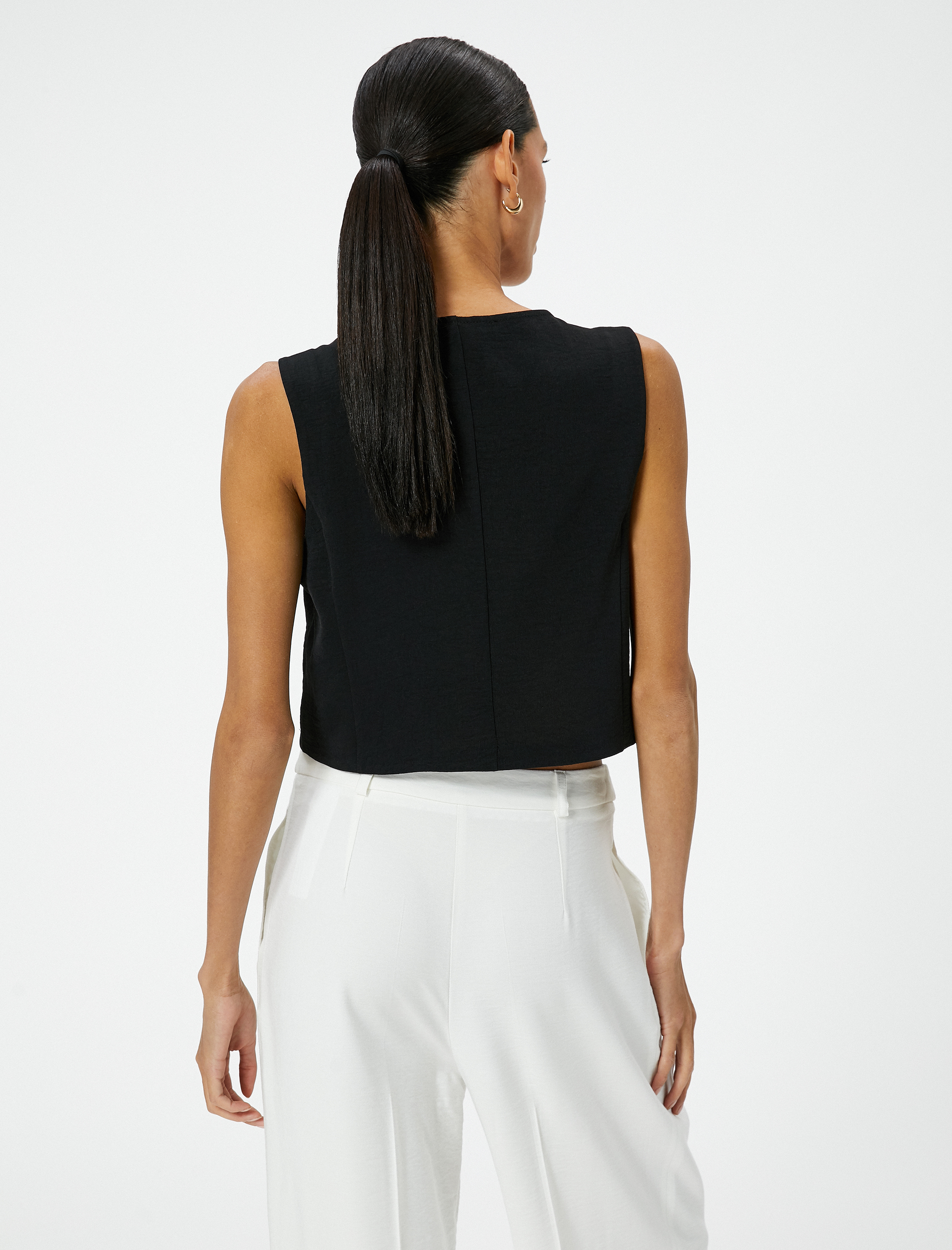   Crop Yelek Bluz İnce Aerobin Kumaş V Yaka Düğmeli