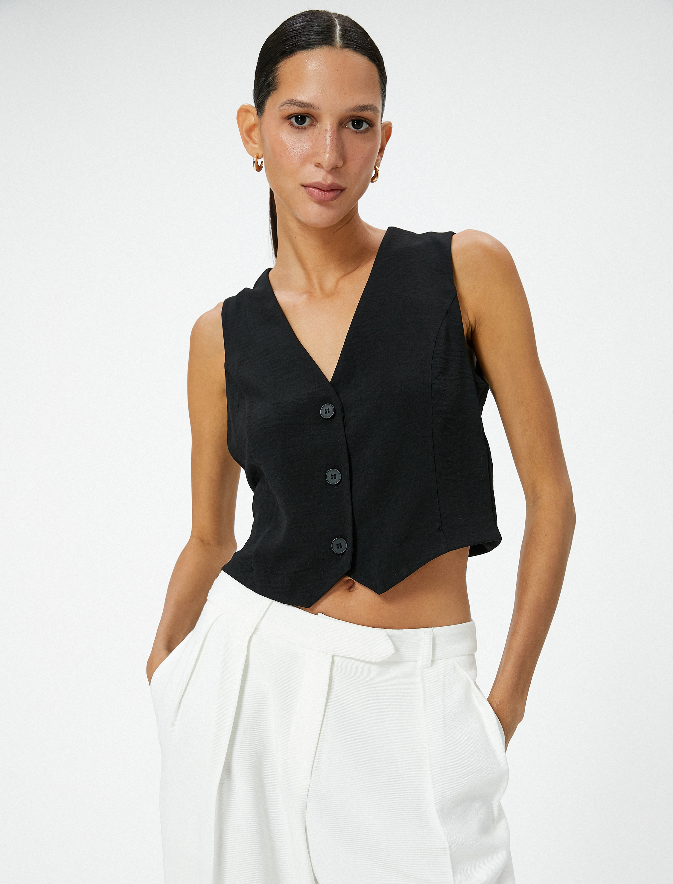   Crop Yelek Bluz İnce Aerobin Kumaş V Yaka Düğmeli