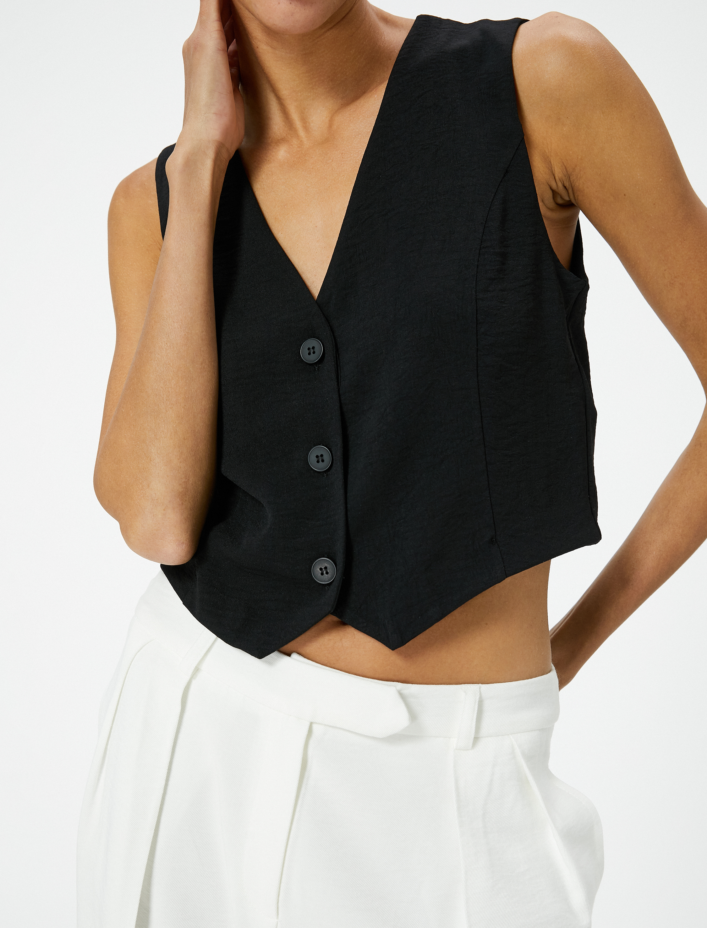   Crop Yelek Bluz İnce Aerobin Kumaş V Yaka Düğmeli