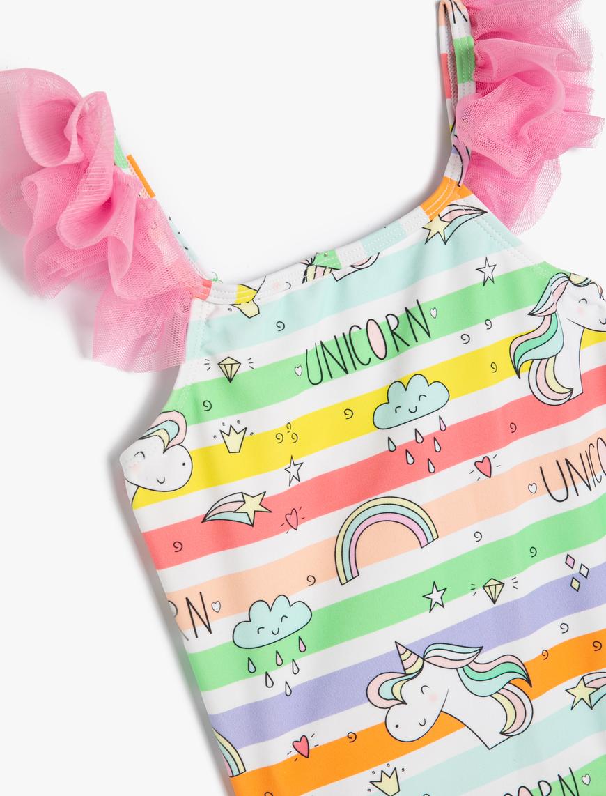  Kız Çocuk Mayo Tül Detaylı Unicorn Baskılı