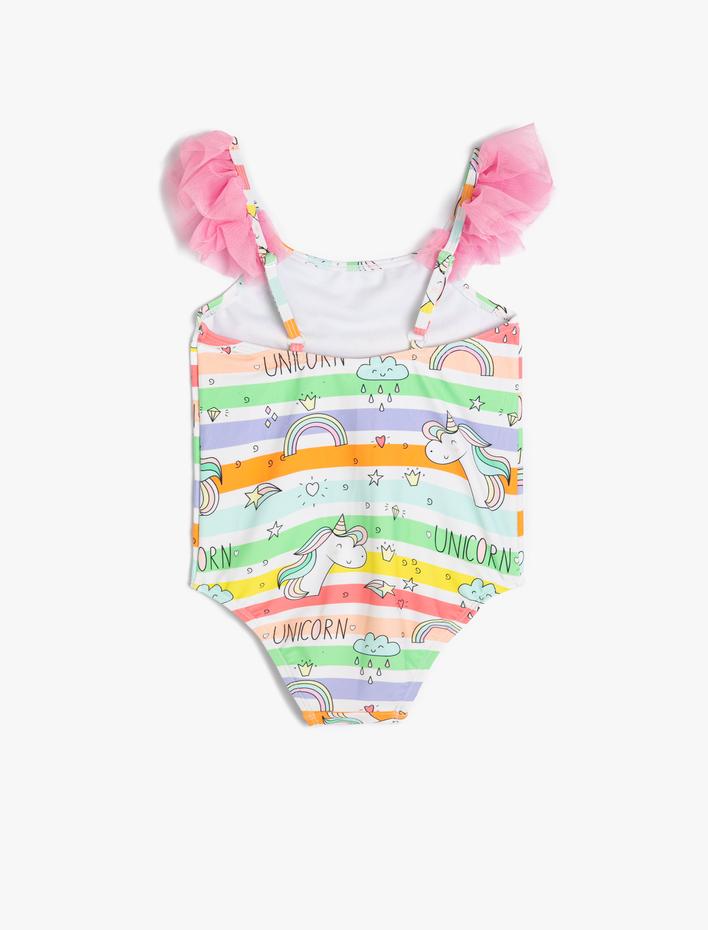 Kız Çocuk Mayo Tül Detaylı Unicorn Baskılı