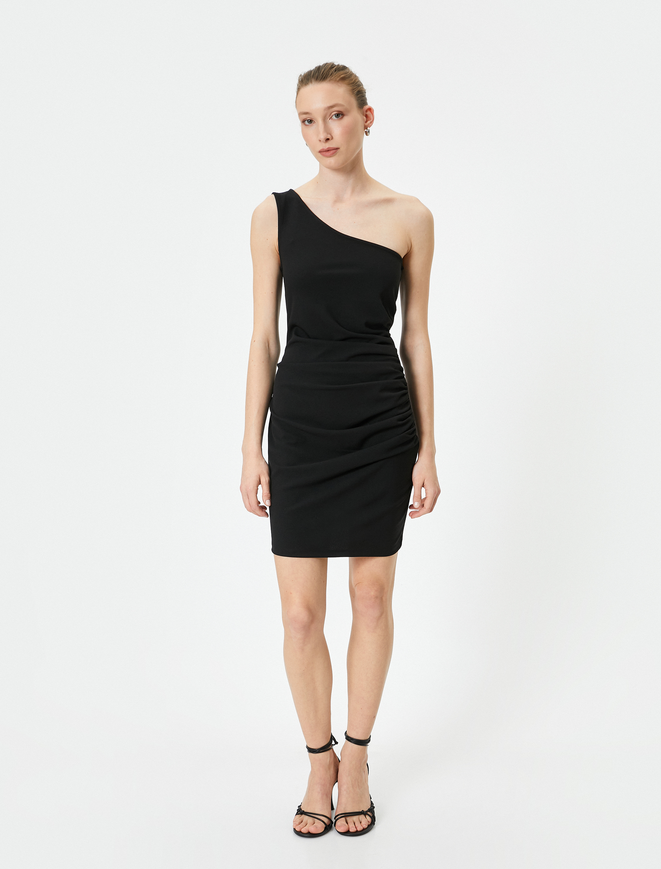   Tek Omuz Elbise Mini Drapeli Slim Fit