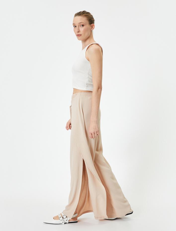  Bol Paça Pantolon Kapaklı Bağlama Detaylı Beli Lastikli