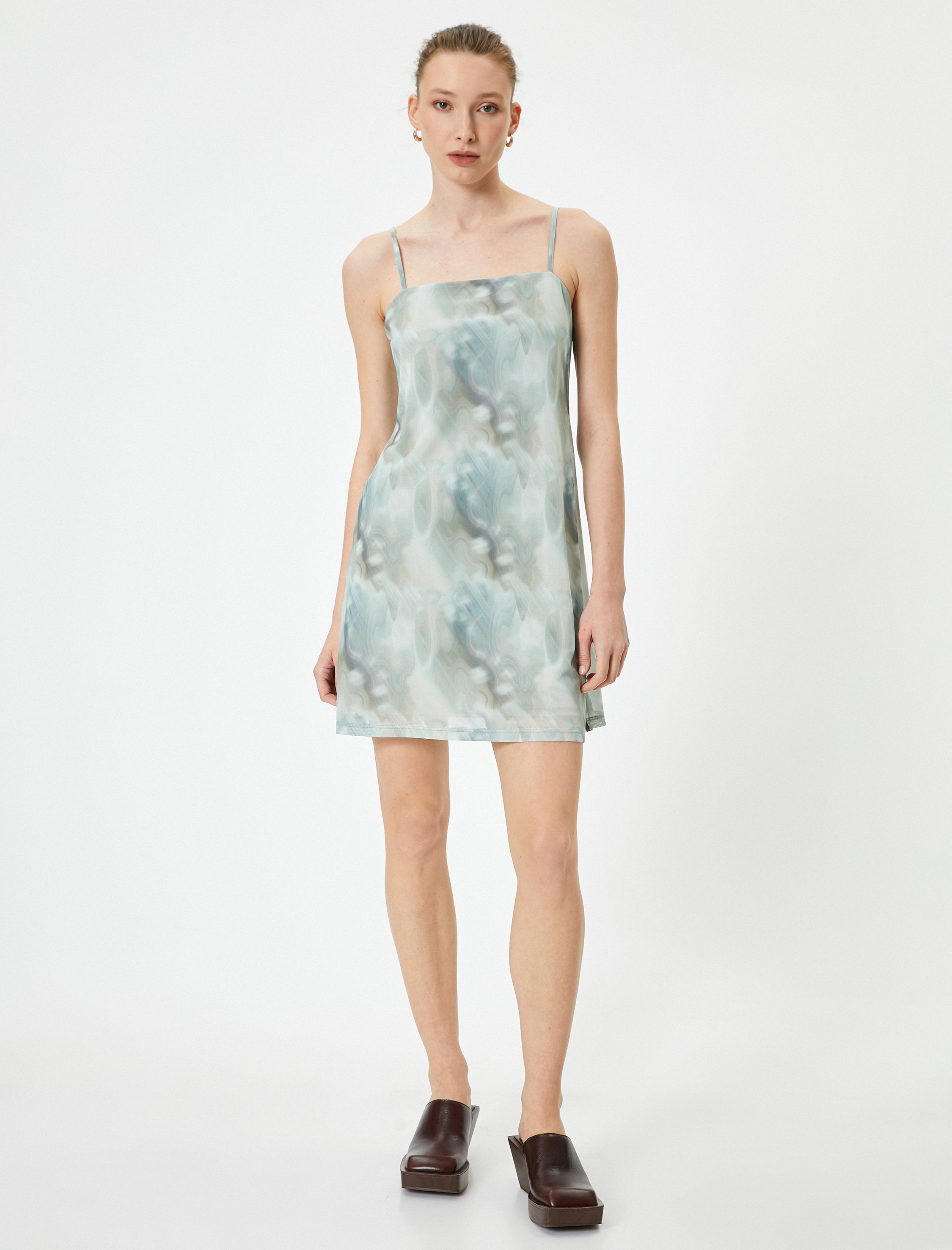   Askılı Mini Elbise Kare Yaka Standart Kesim