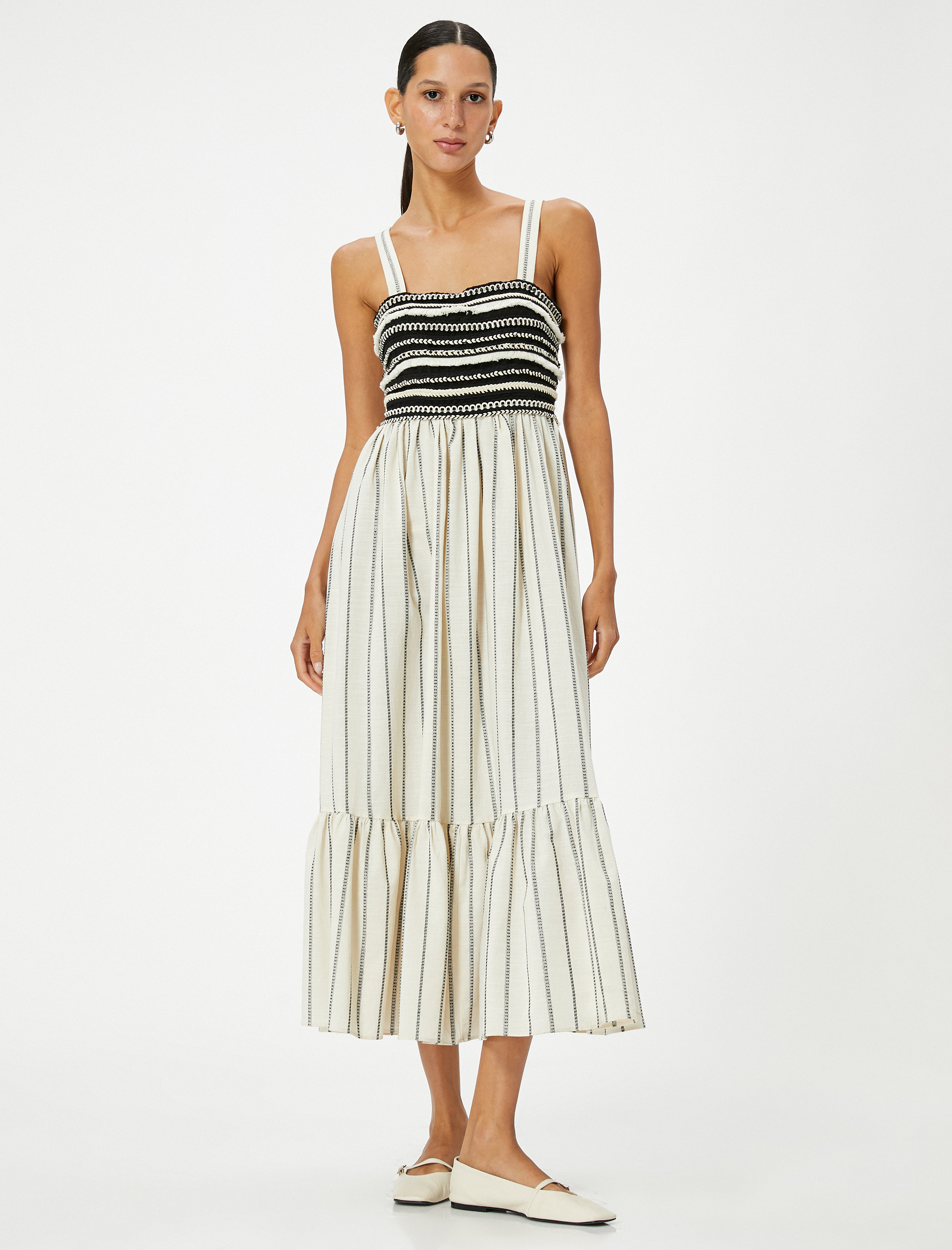   Midi Elbise Askılı Kare Yaka Volanlı Pamuklu Standart Kesim