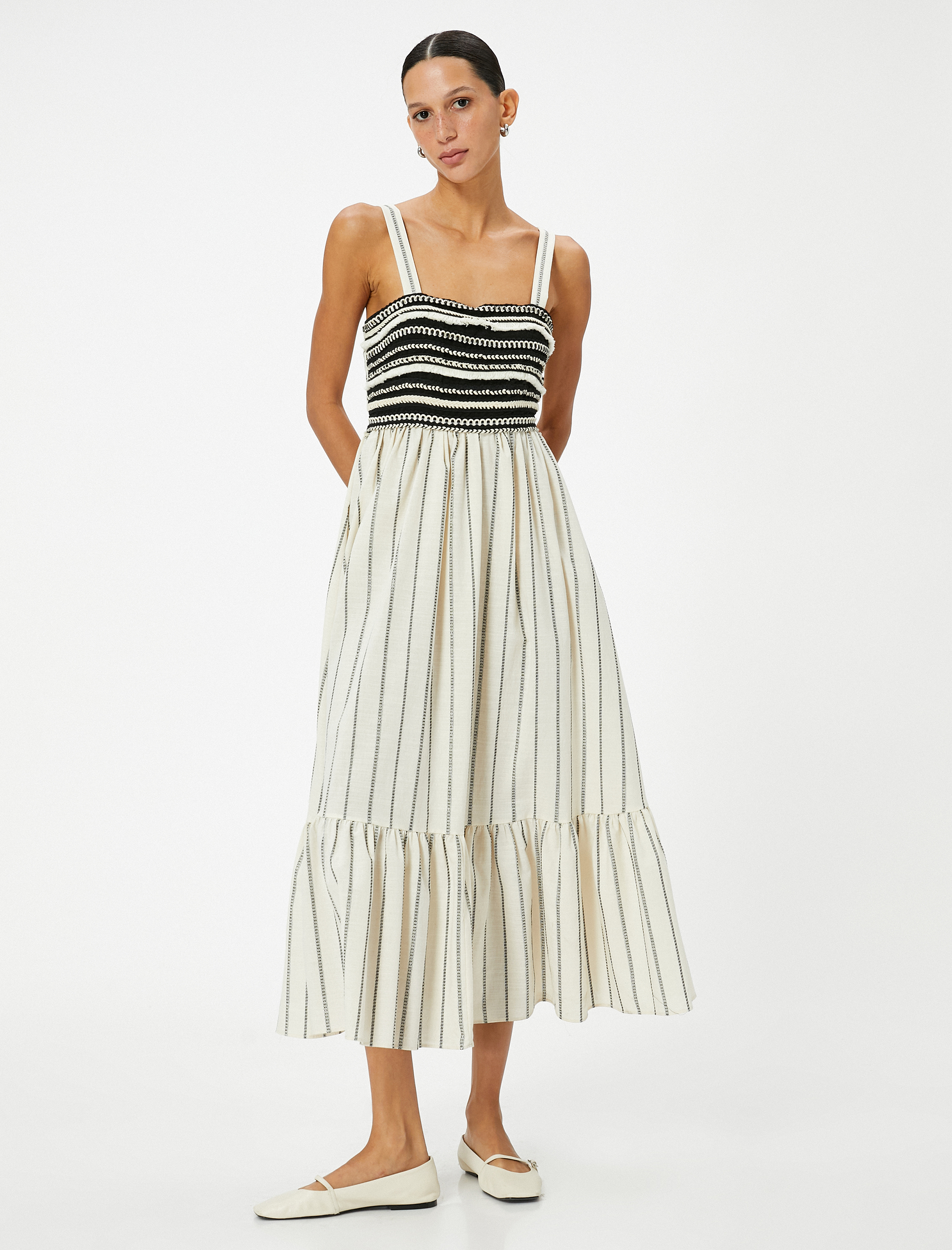   Midi Elbise Askılı Kare Yaka Volanlı Pamuklu Standart Kesim