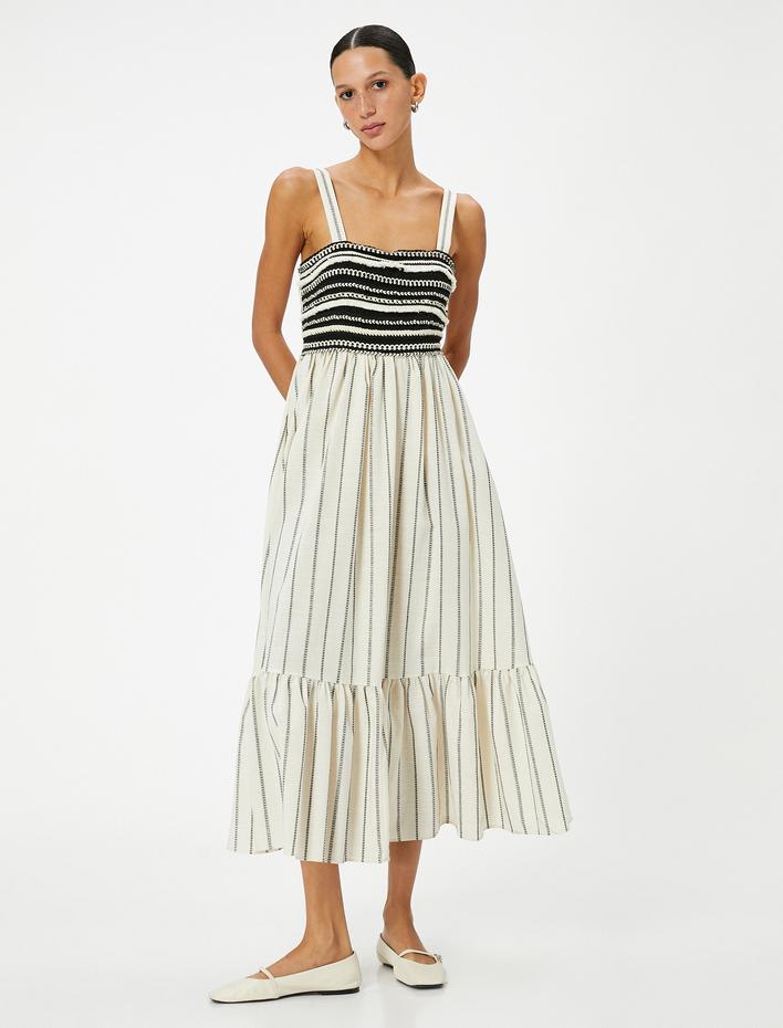  Midi Elbise Askılı Kare Yaka Volanlı Pamuklu Standart Kesim