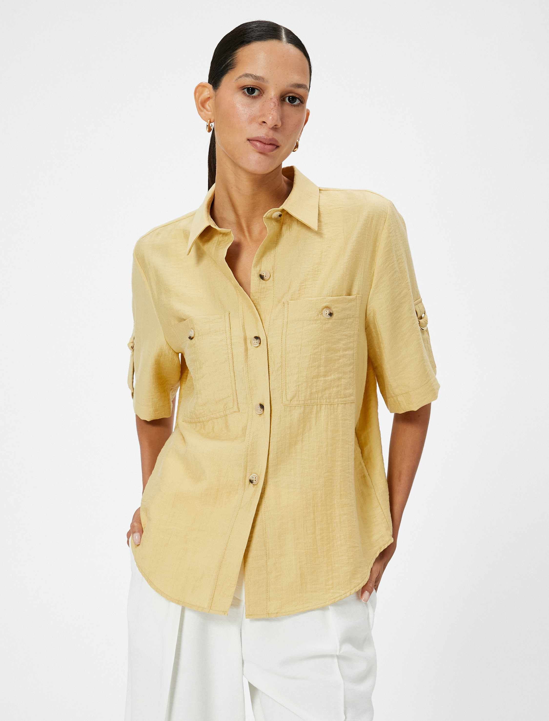   Kısa Kollu Oversize Gömlek Düğmeli Cep Detaylı