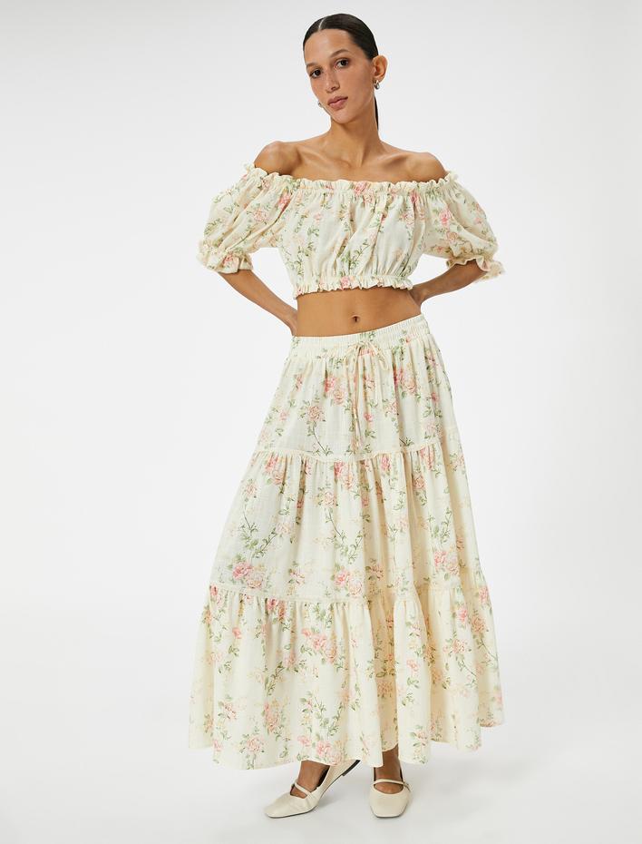  Çiçekli Uzun Etek Volanlı Beli Bağcıklı Pamuklu