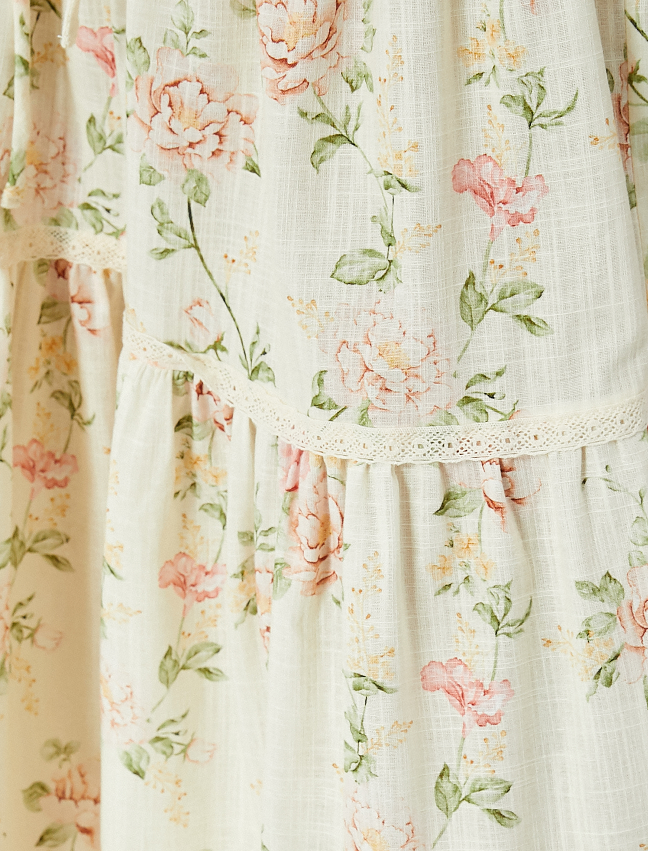   Çiçekli Uzun Etek Volanlı Beli Bağcıklı Pamuklu