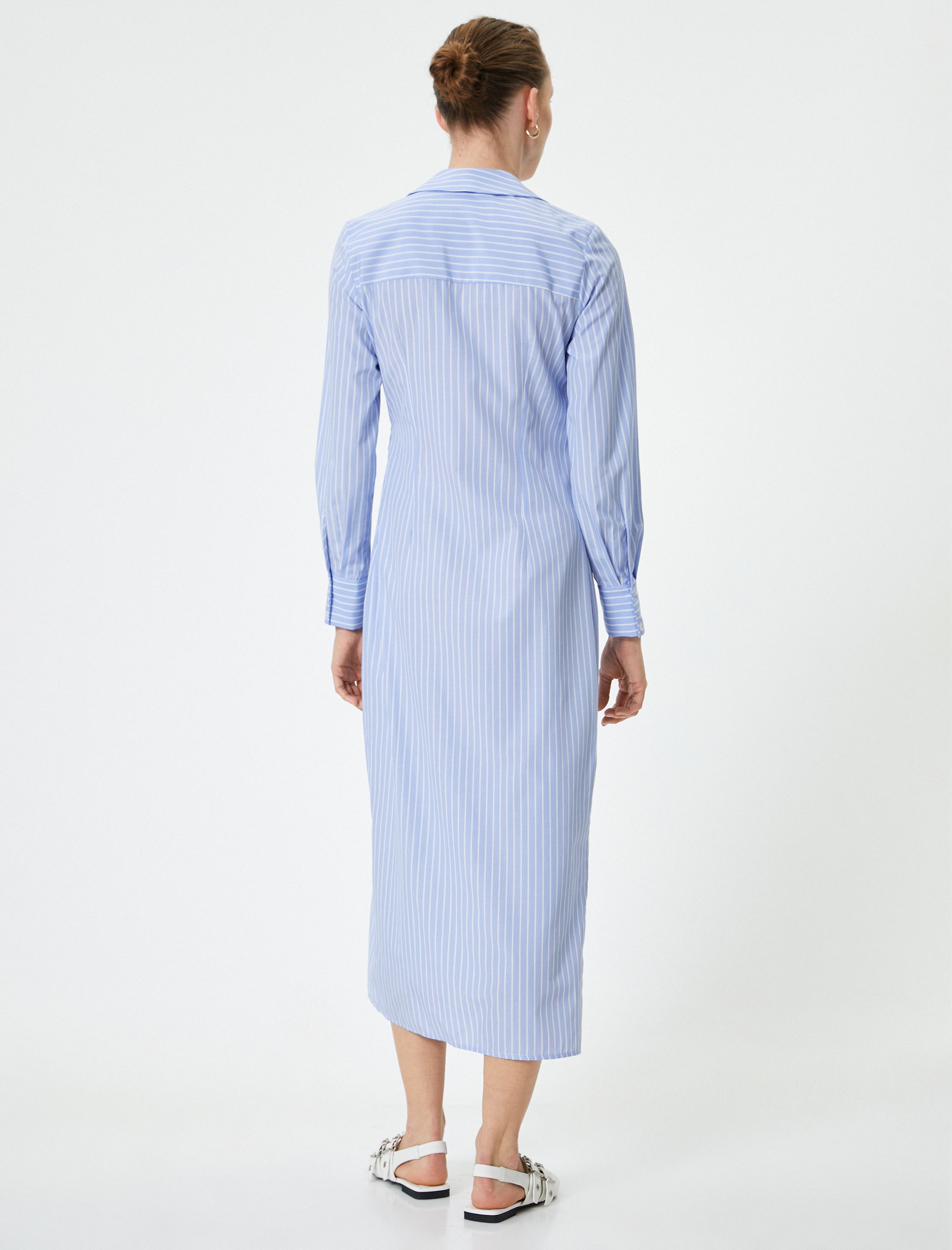   Midi Gömlek Elbise Uzun Kollu Anvelop Metal Aksesuarlı Standart Kesim