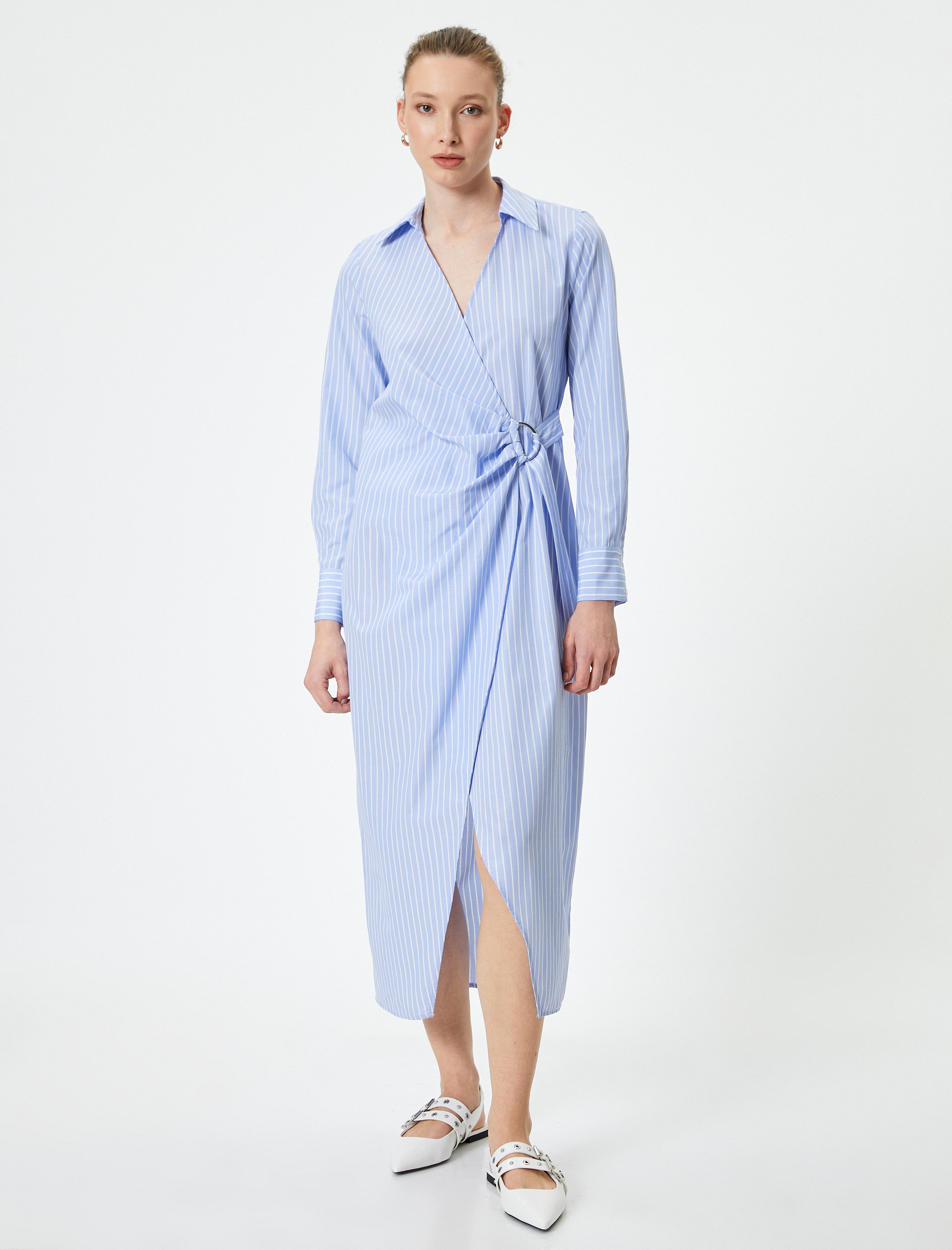   Midi Gömlek Elbise Uzun Kollu Anvelop Metal Aksesuarlı Standart Kesim