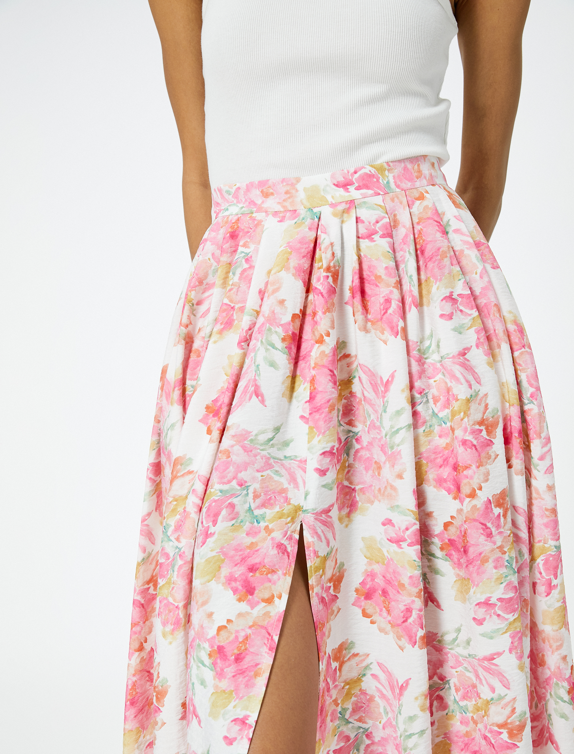   Çiçekli Kloş Etek Midi Pileli Viskon Karışımlı Normal Bel