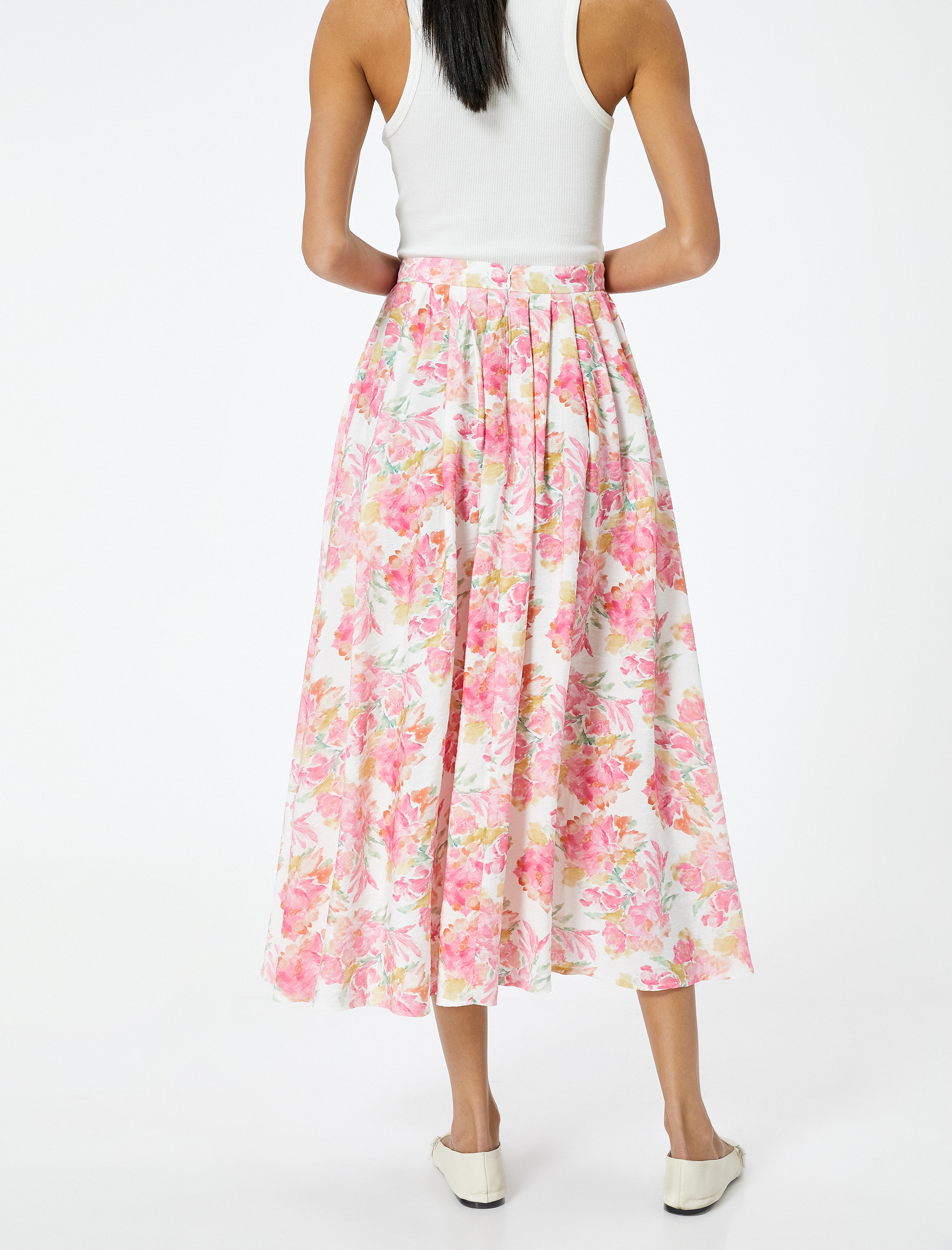   Çiçekli Kloş Etek Midi Pileli Viskon Karışımlı Normal Bel