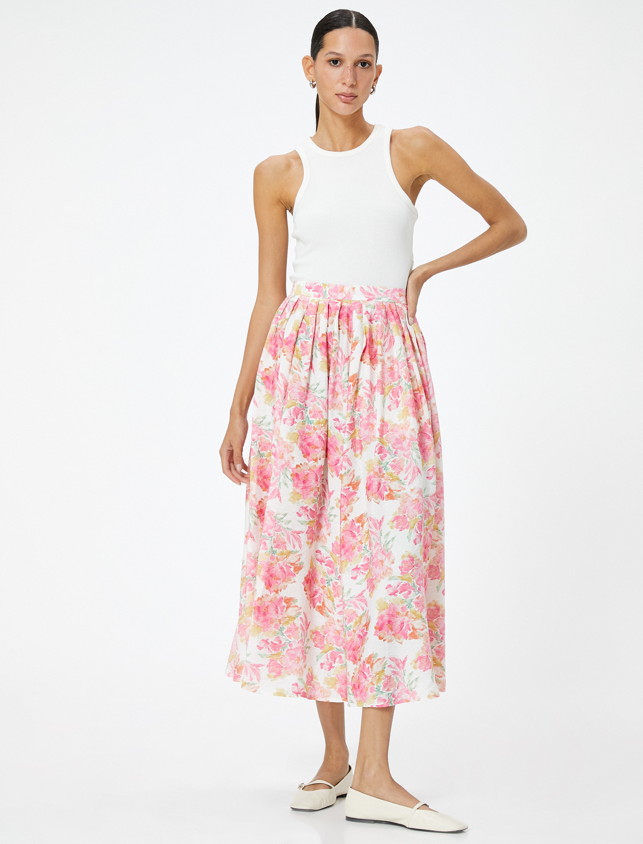   Çiçekli Kloş Etek Midi Pileli Viskon Karışımlı Normal Bel