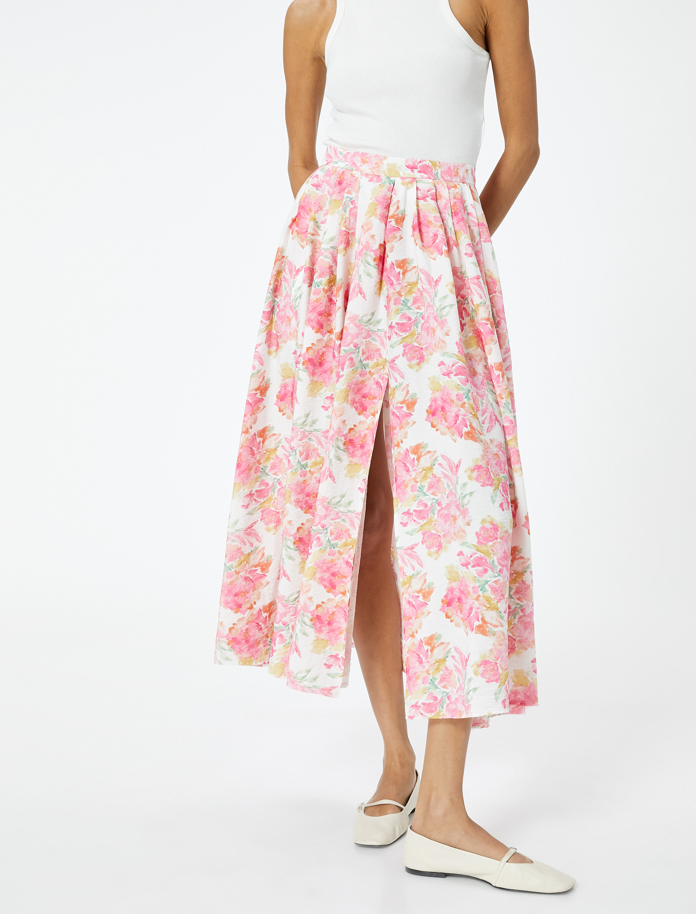   Çiçekli Kloş Etek Midi Pileli Viskon Karışımlı Normal Bel