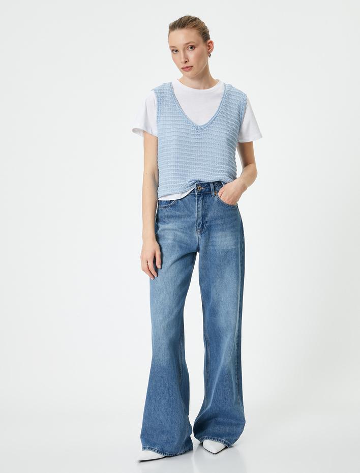  Örgü Süveter V Yaka Ajurlu Pamuklu Standart Kesim