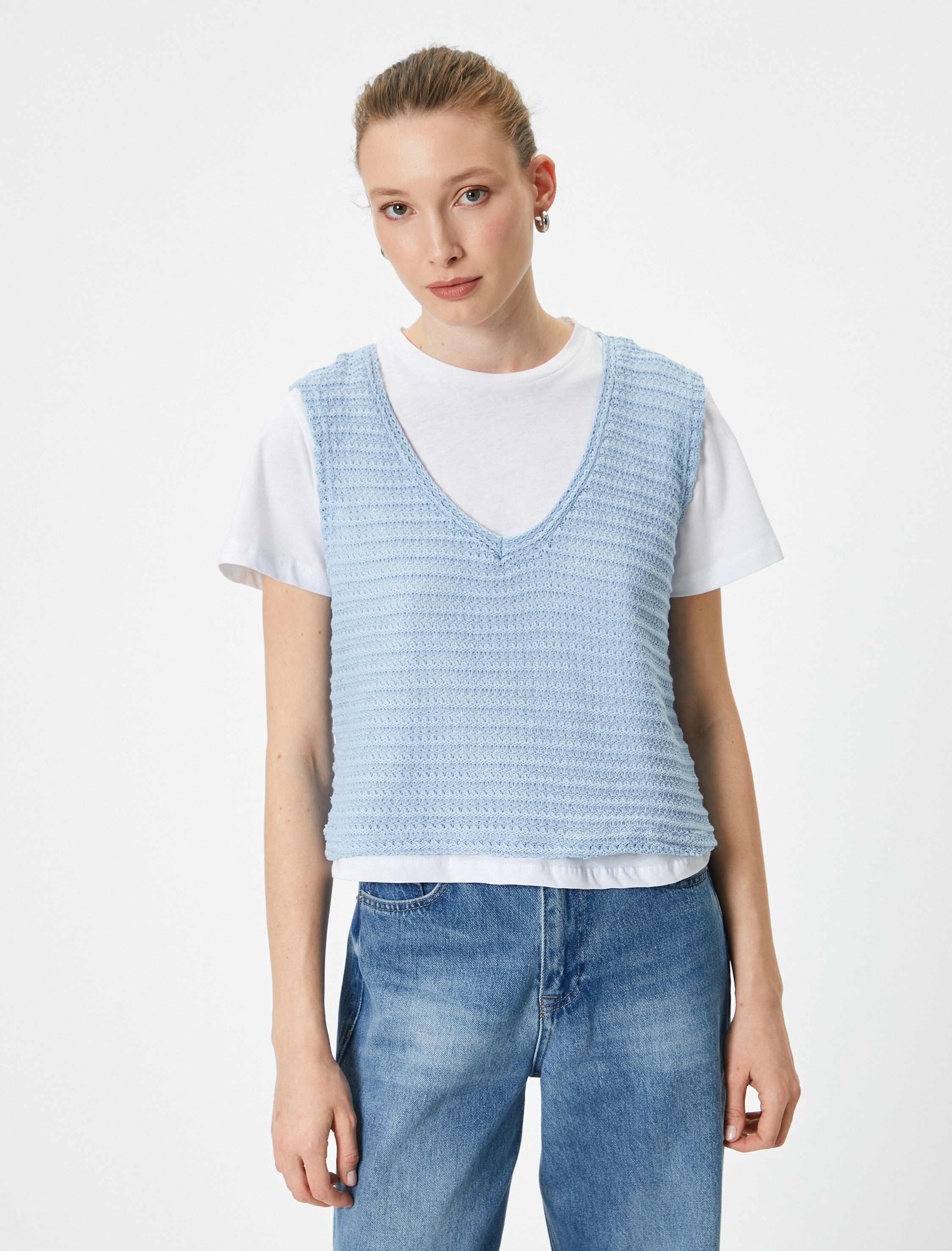   Örgü Süveter V Yaka Ajurlu Pamuklu Standart Kesim