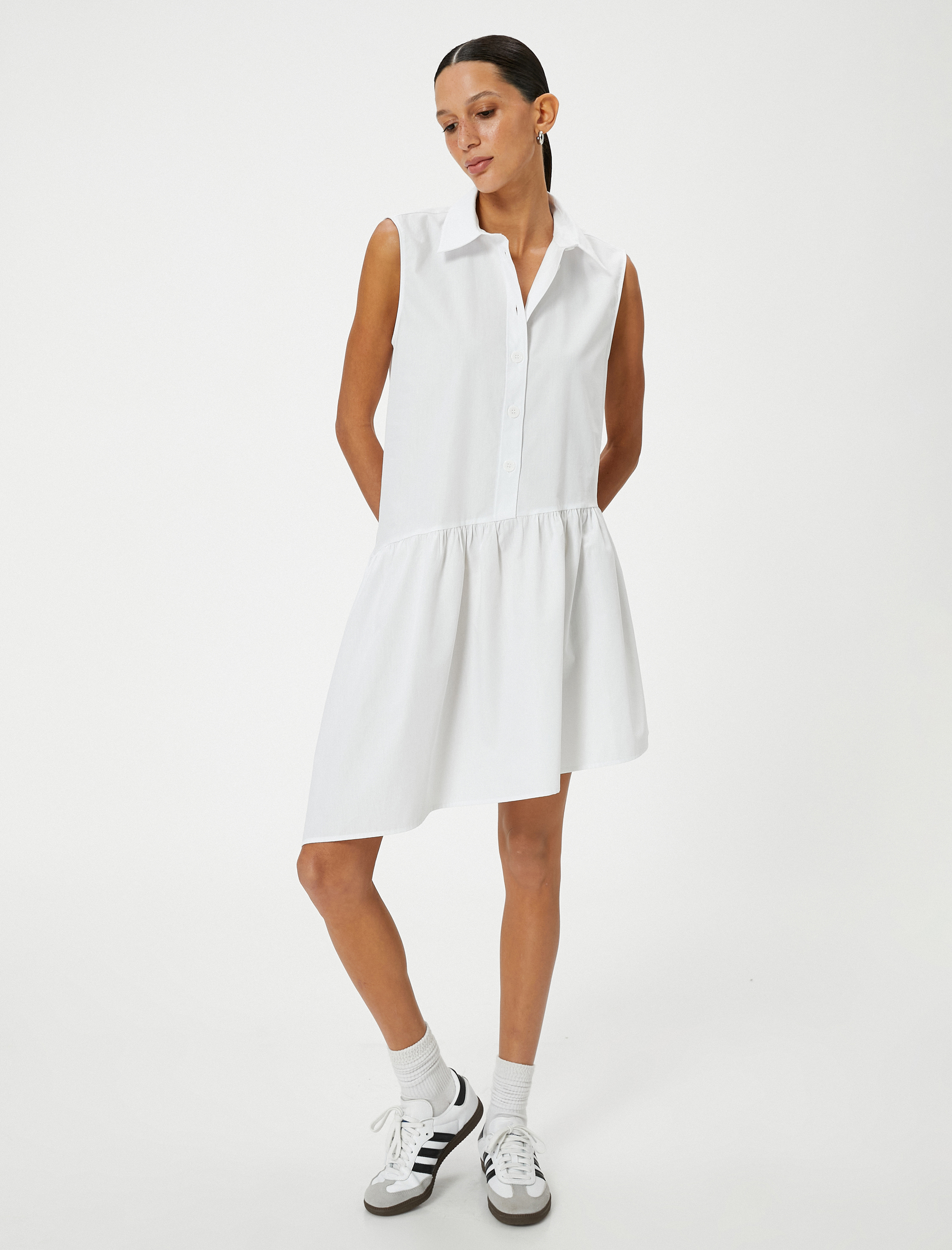   Gömlek Elbise Asimetrik Kesim Kolsuz Düğmeli Pamuklu Rahat Kesim