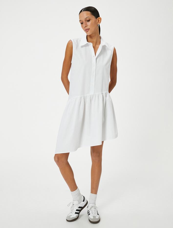  Gömlek Elbise Asimetrik Kesim Kolsuz Düğmeli Pamuklu Rahat Kesim