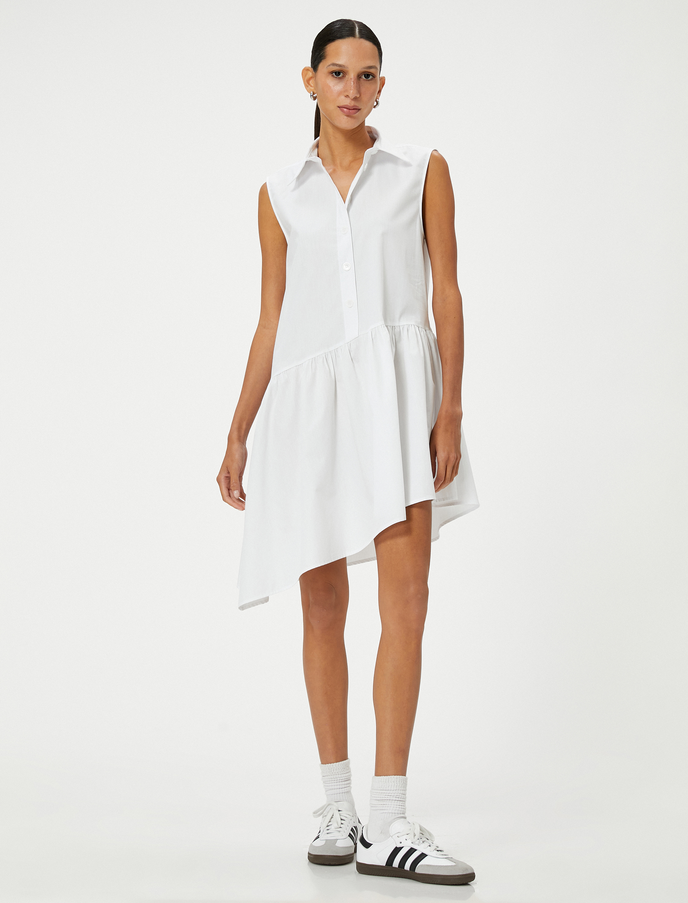   Gömlek Elbise Asimetrik Kesim Kolsuz Düğmeli Pamuklu Rahat Kesim