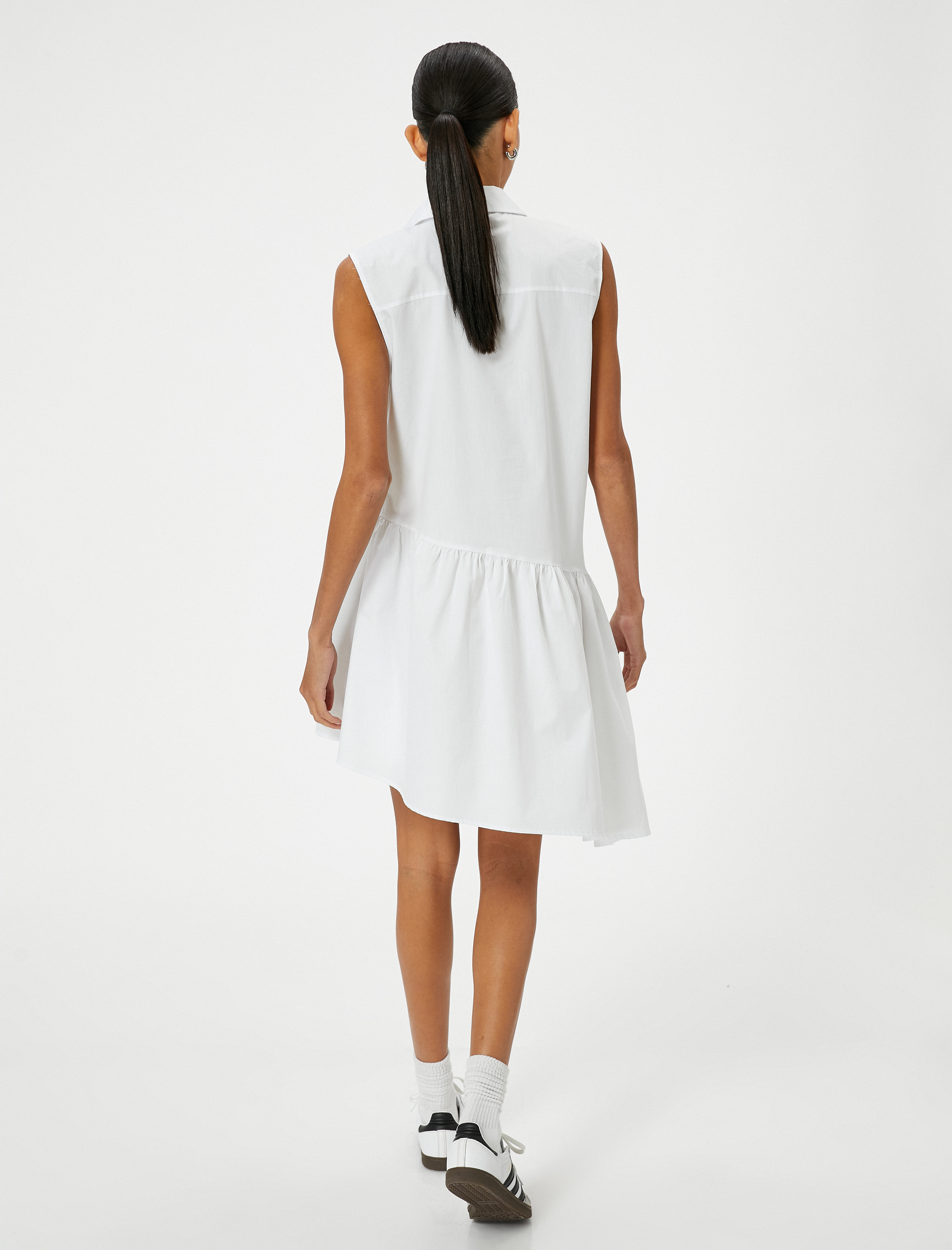   Gömlek Elbise Asimetrik Kesim Kolsuz Düğmeli Pamuklu Rahat Kesim