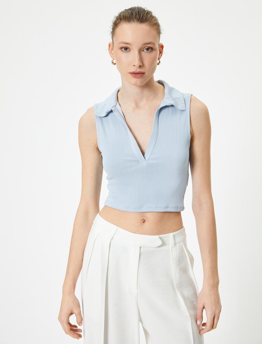   Crop Atlet Polo Yaka Fitilli Modal Karışımlı Standart Kesim