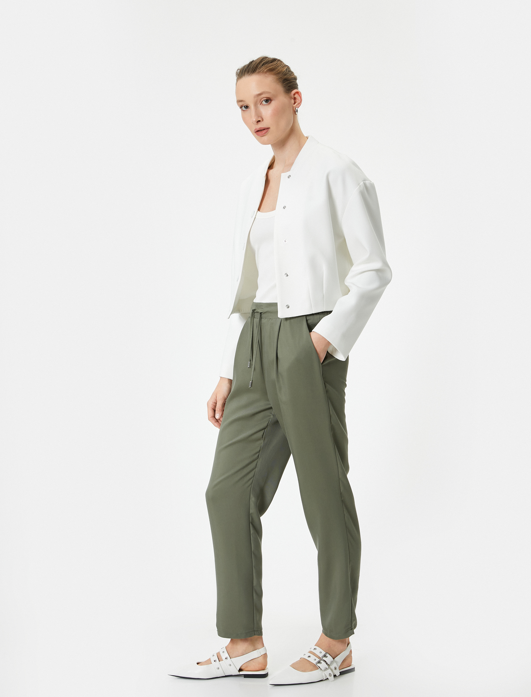   Chino Pantolon Bağcıklı Yüksek Bel Cep Detaylı