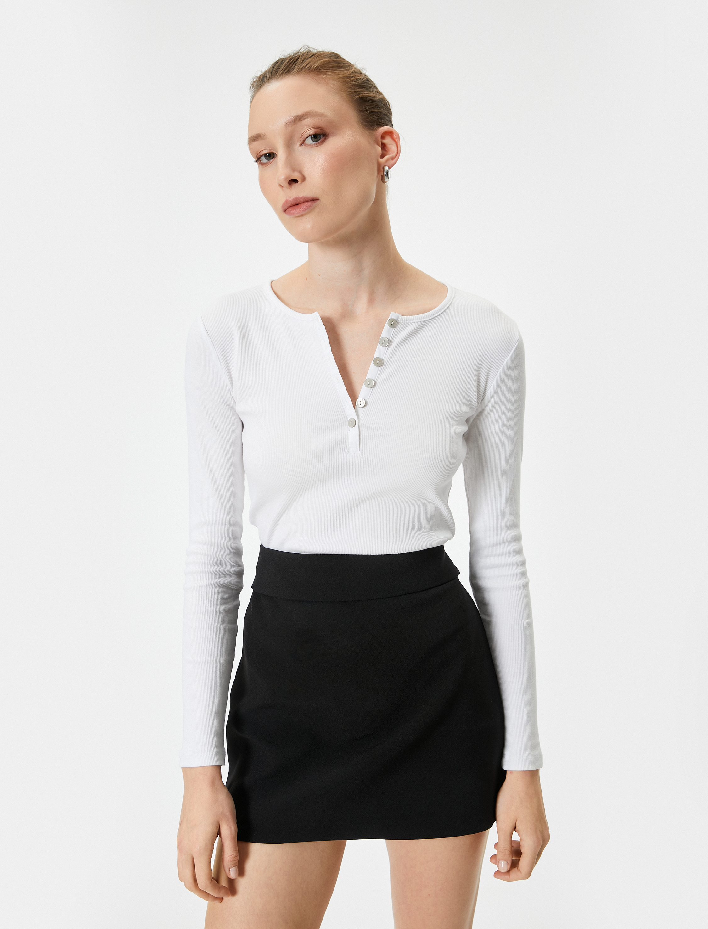   Uzun Kollu Tişört Düğmeli Yaka Fitilli Pamuklu Standart Kesim