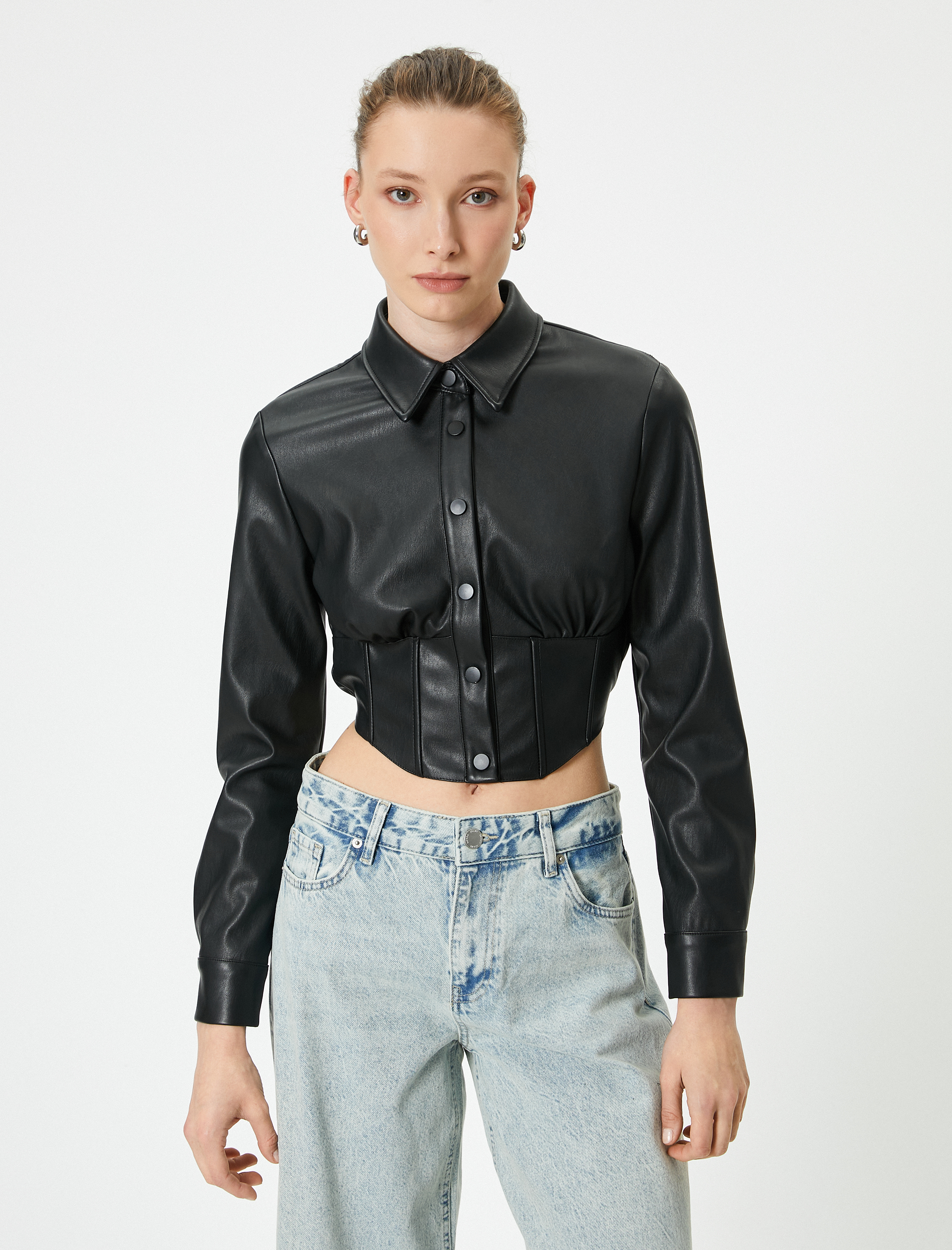   Deri Görünümlü Gömlek Crop Korse Detaylı Uzun Kollu Düğmeli Slim Fit