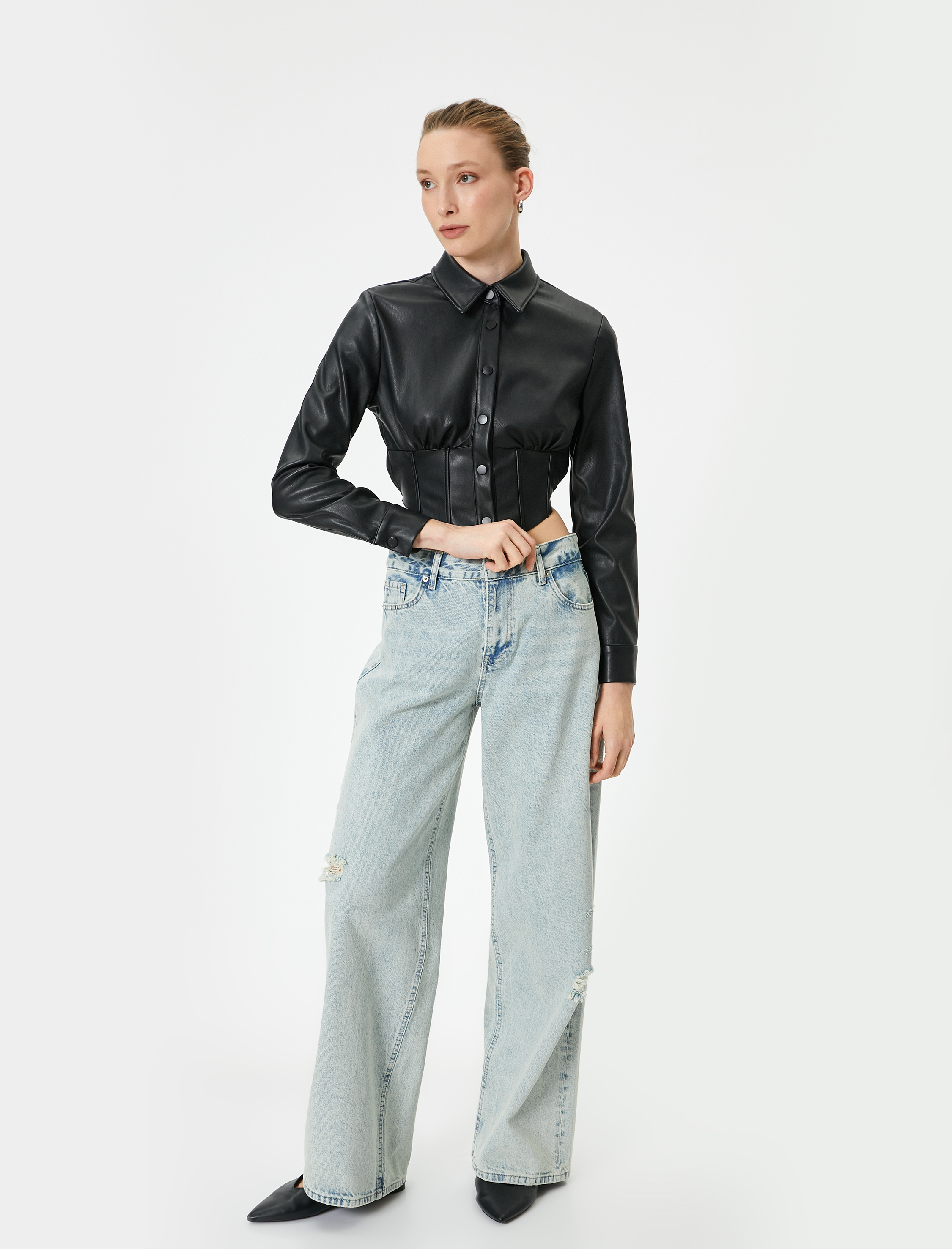   Deri Görünümlü Gömlek Crop Korse Detaylı Uzun Kollu Düğmeli Slim Fit