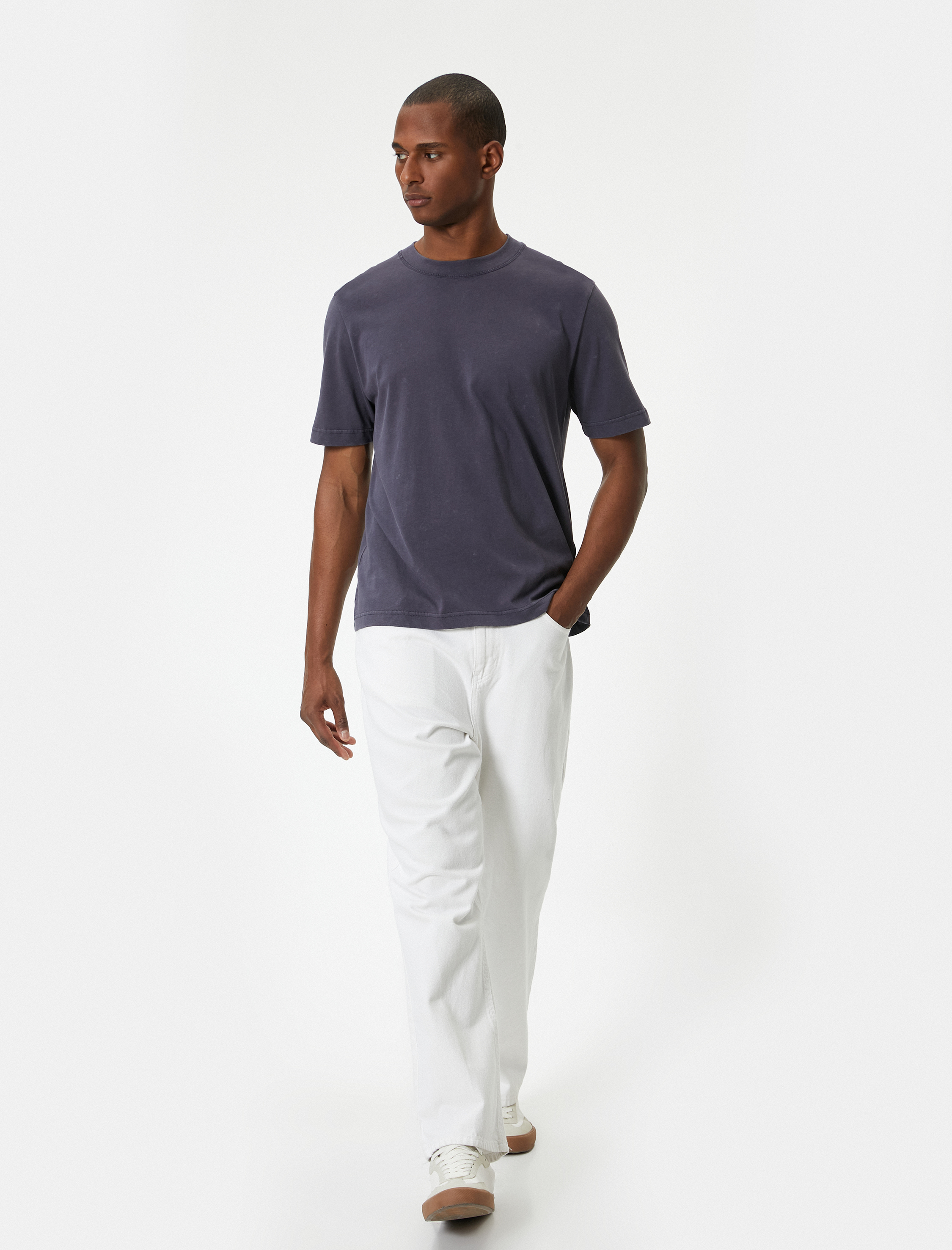   Yıkamalı Tişört Bisiklet Yaka Kısa Kollu Pamuklu