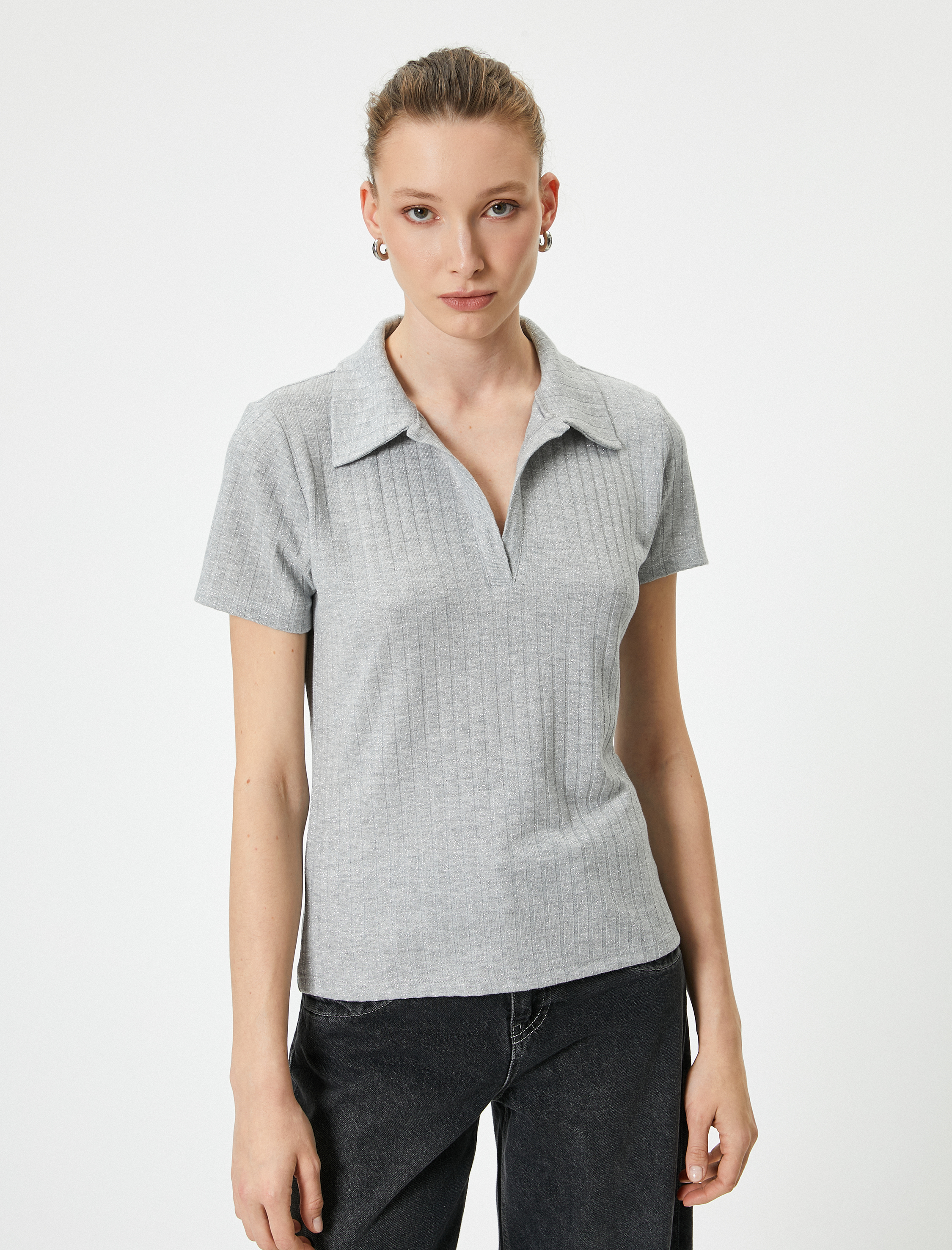   Polo Yaka Tişört Kısa Kollu Simli Slim Fit