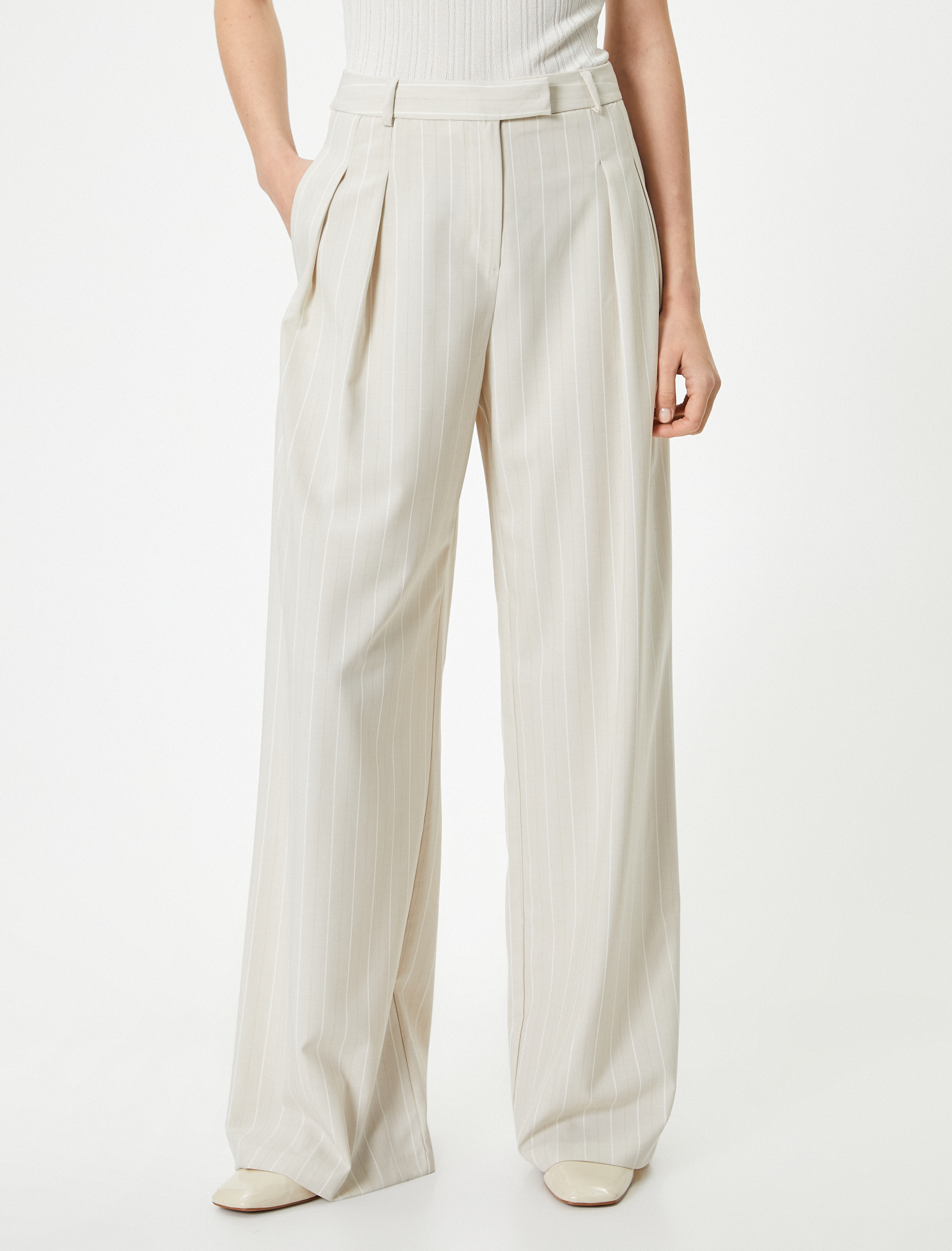   Bol Paça Palazzo Pantolon Normal Bel Cep Detaylı Viskon Karışımlı