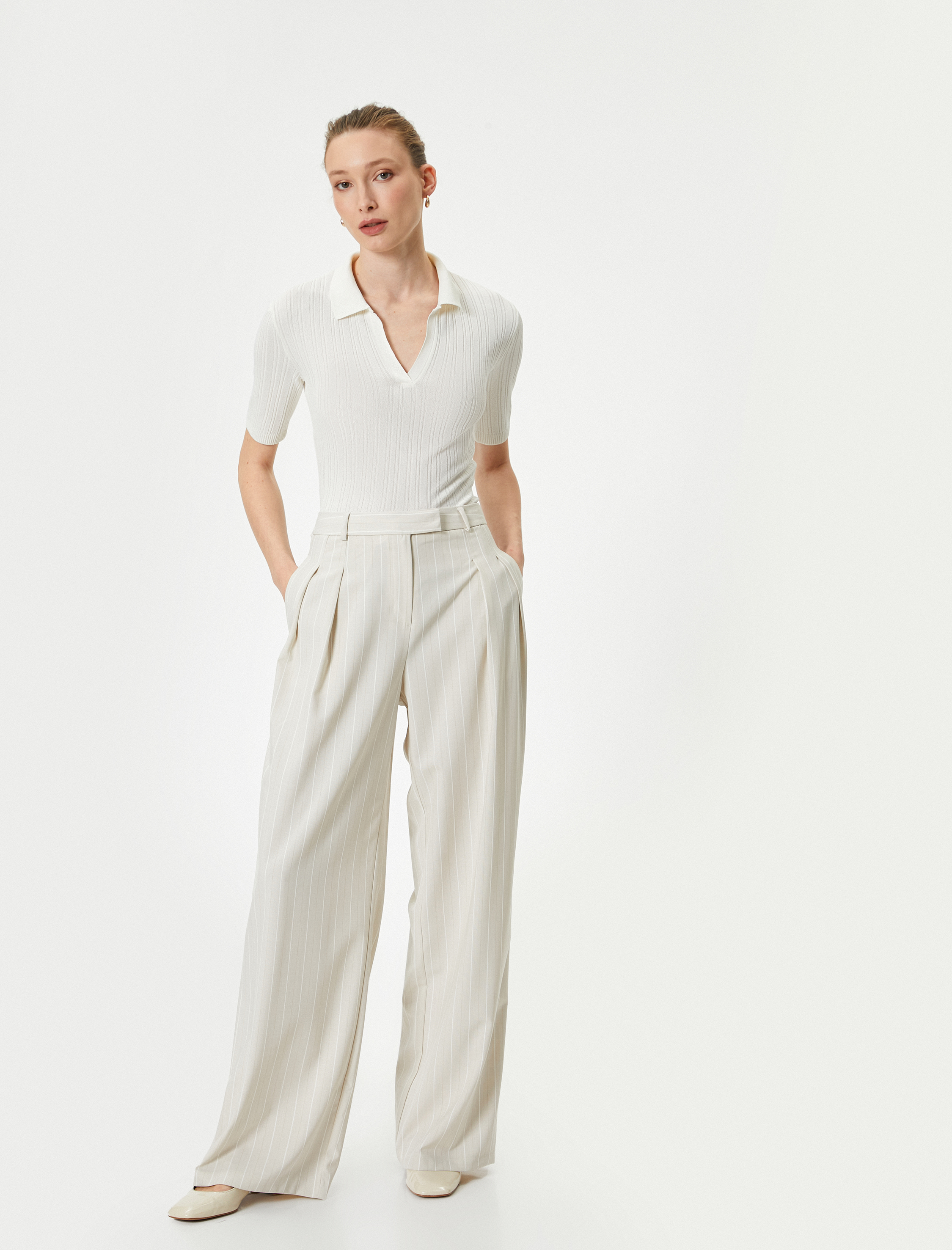   Bol Paça Palazzo Pantolon Normal Bel Cep Detaylı Viskon Karışımlı